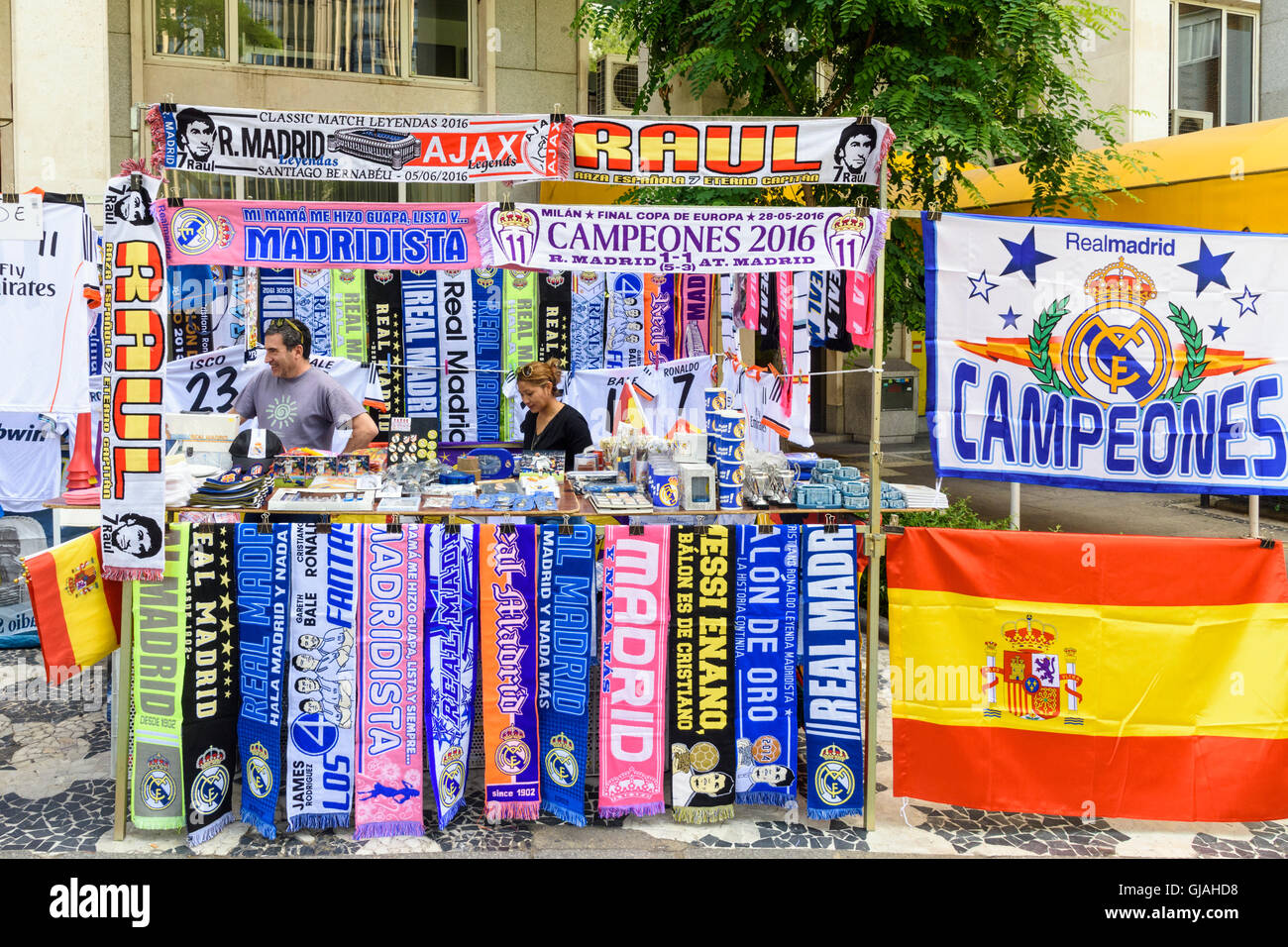 Football souvenir stall outside the Santiago Bernabéu Stadium, Madrid, Spain Stock Photo
