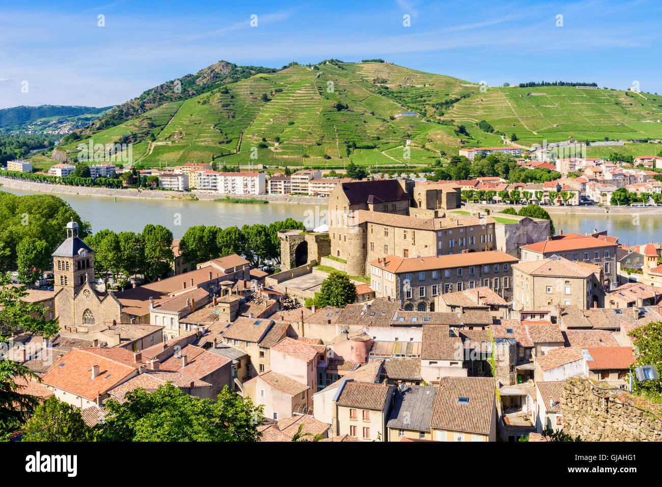 Tournon-sur-Rhone Town views and Tain-l'Hermitage on the far bank, in the Ardèche and Drôme respectively, France Stock Photo
