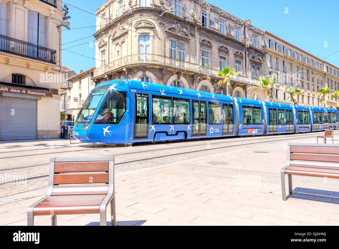 colourful tram in montpellier france Stock Photo