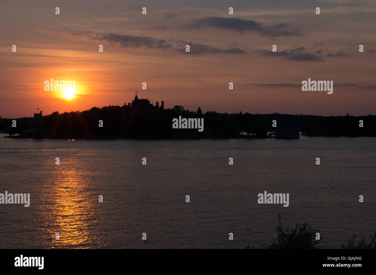 Alexandria Bay Sunset over Heart Island and Boldt Castle Stock Photo