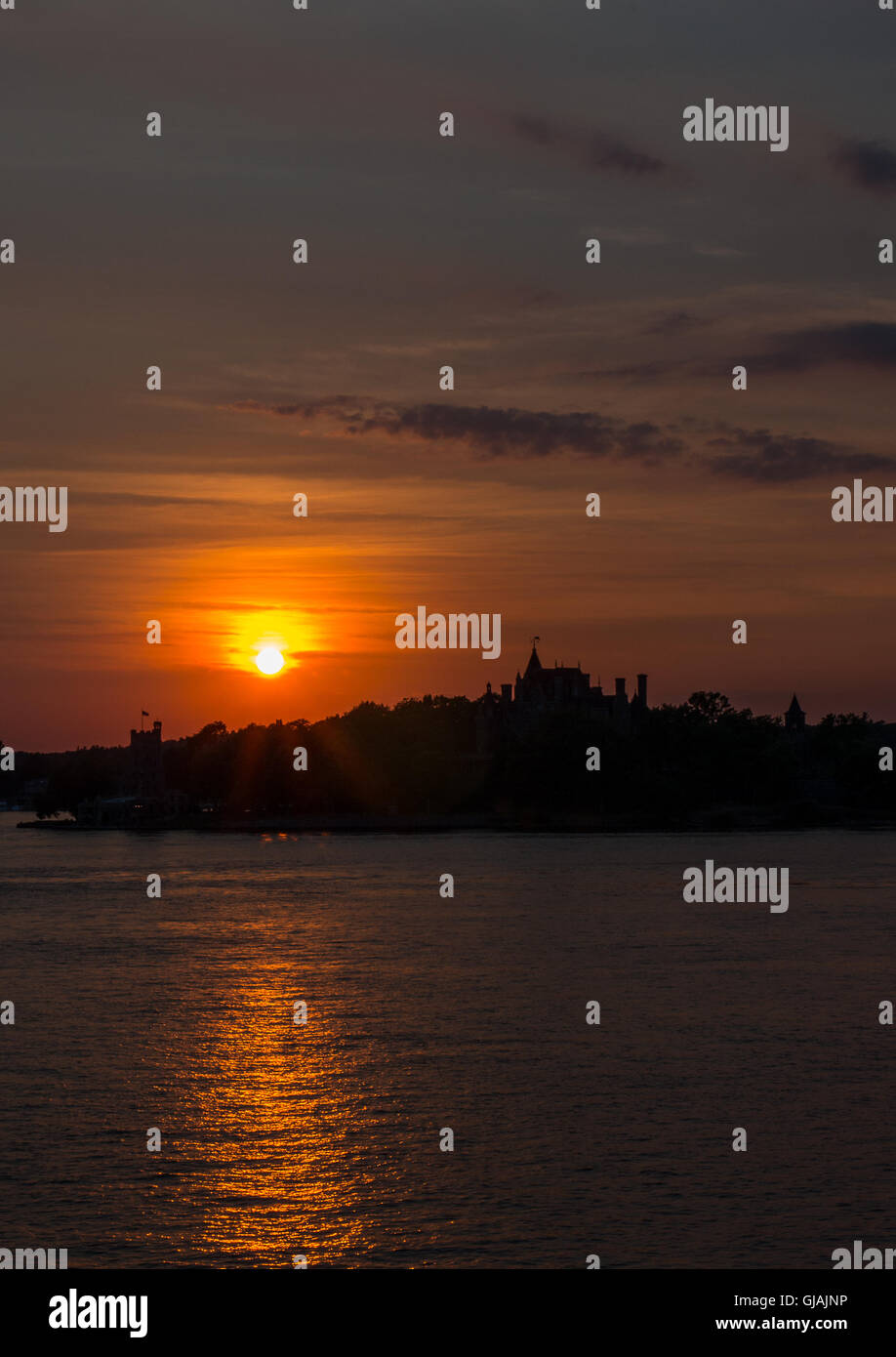 Alexandria Bay Sunset over Heart Island and Boldt Castle Stock Photo