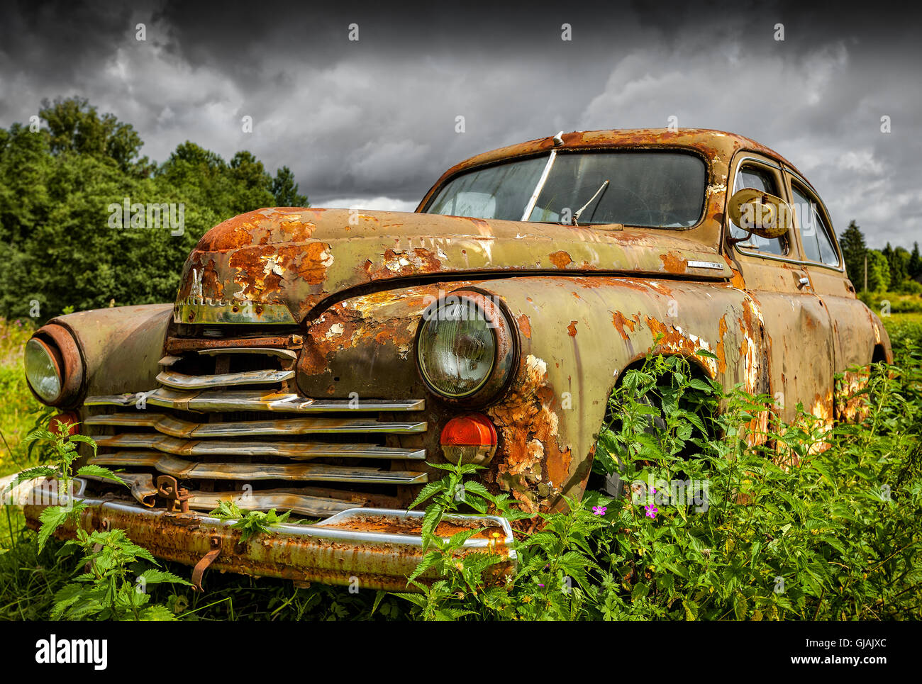 VOLGOVERKHOVYE, RUSSIA - August 3, 2016: Old Soviet car GAZ-M20 «Pobeda» on a private farm. It was was a passenger car produced Stock Photo