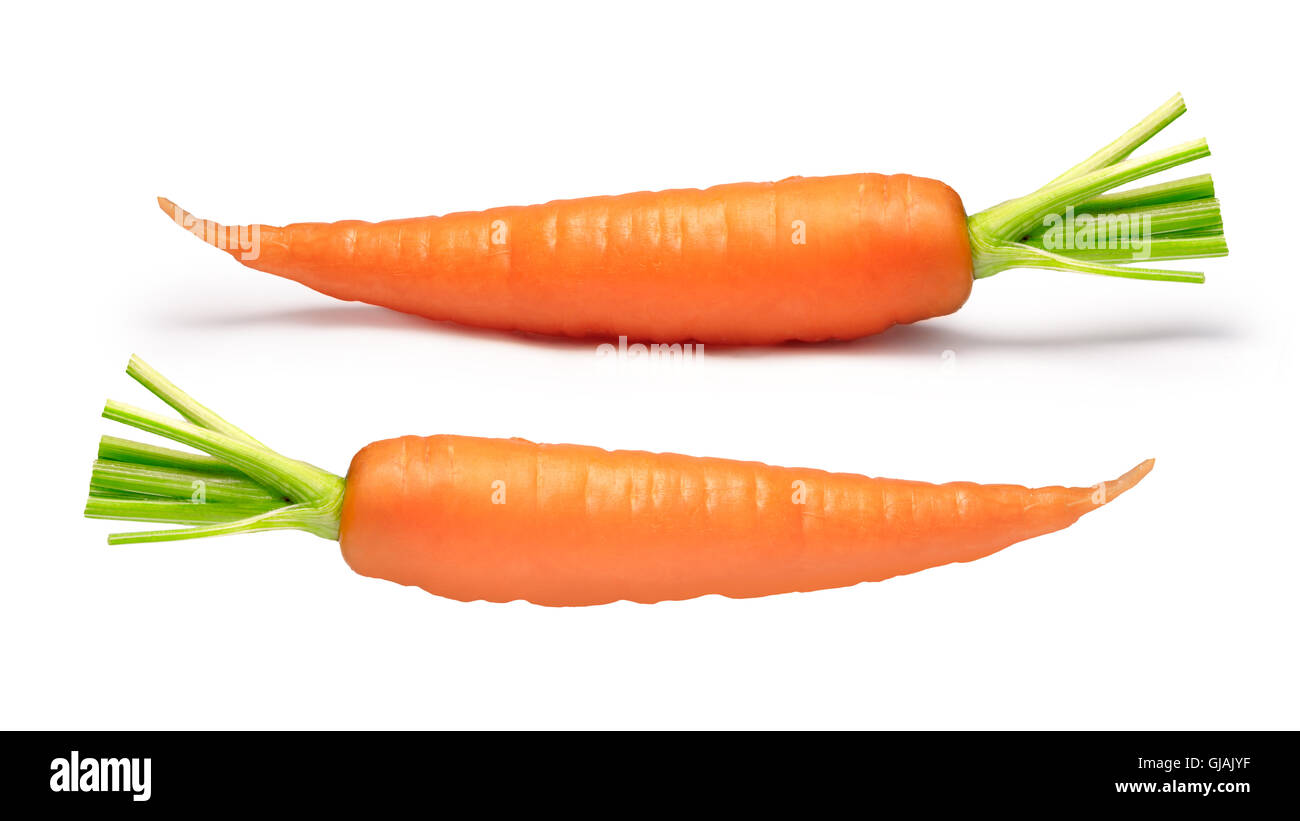 Two carrots (Daucus carota sativus), one shadowless. Clipping paths, shadow separated, infinite depth of field Stock Photo