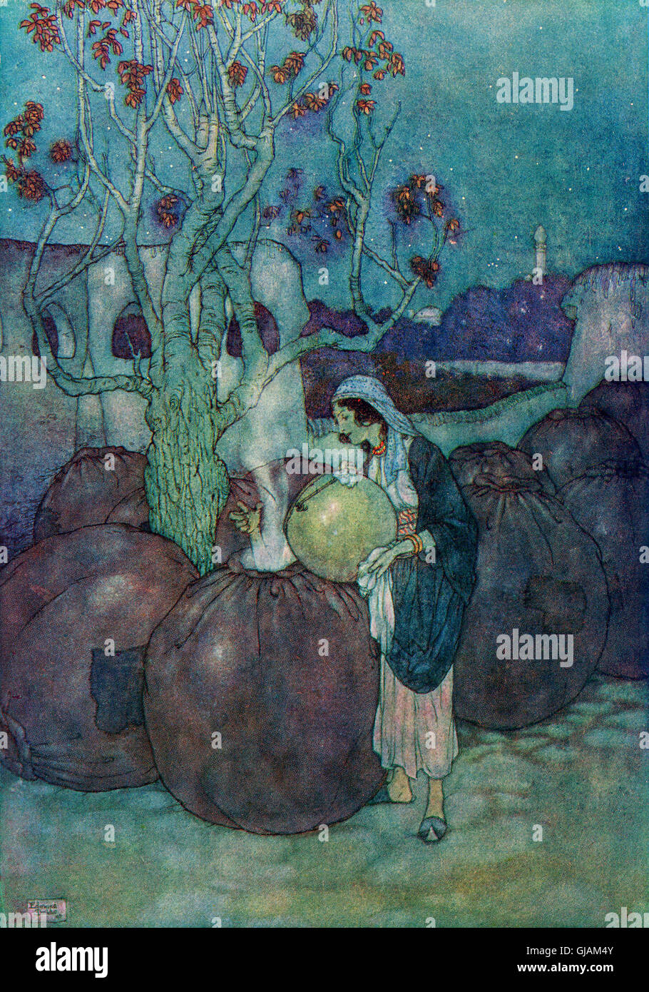 Morgiana poured into each jar in turn a sufficient quantity of the boiling oil.  Illustration by Edmund Dulac for Ali Baba and the Forty Thieves. Stock Photo