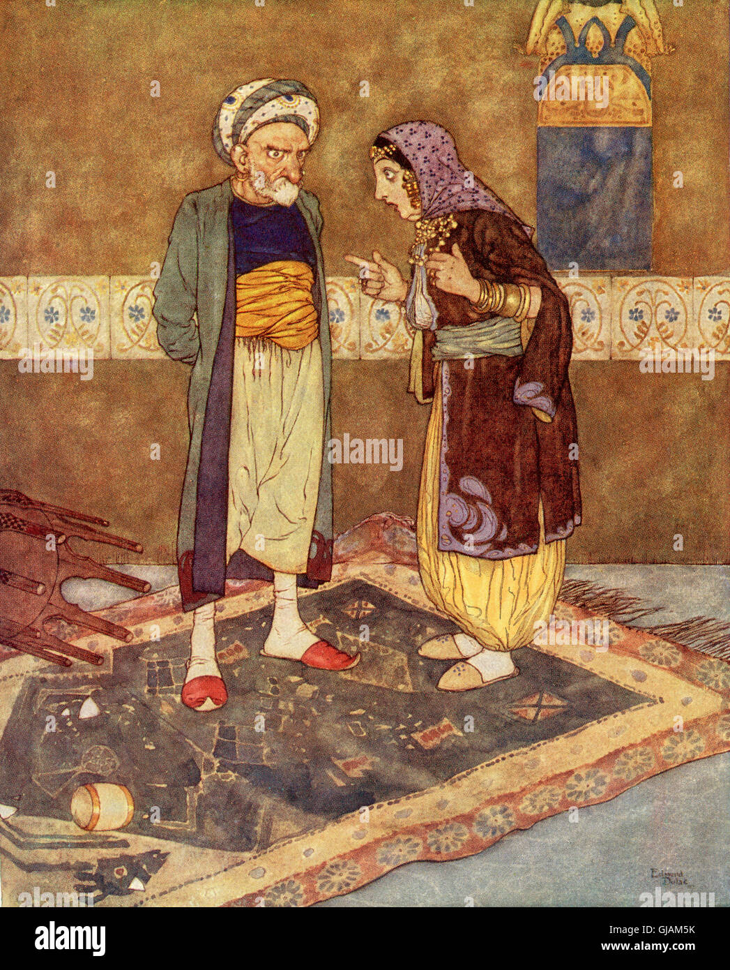 As soon as he came in she began to jeer at him. 'You think yourself rich,' said she, 'but Ali Baba is richer'.  Illustration by Edmund Dulac for Ali Baba and the Forty Thieves. Stock Photo