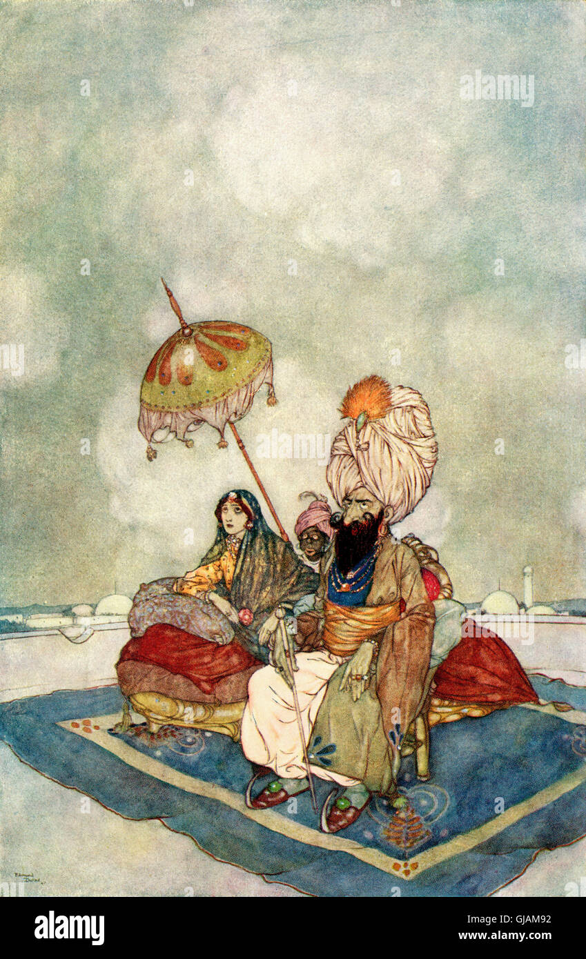 All this time the Princess had been watching the combat from the roof of the palace.  Illustration by Edmund Dulac for The Story of The Magic Horse. Stock Photo