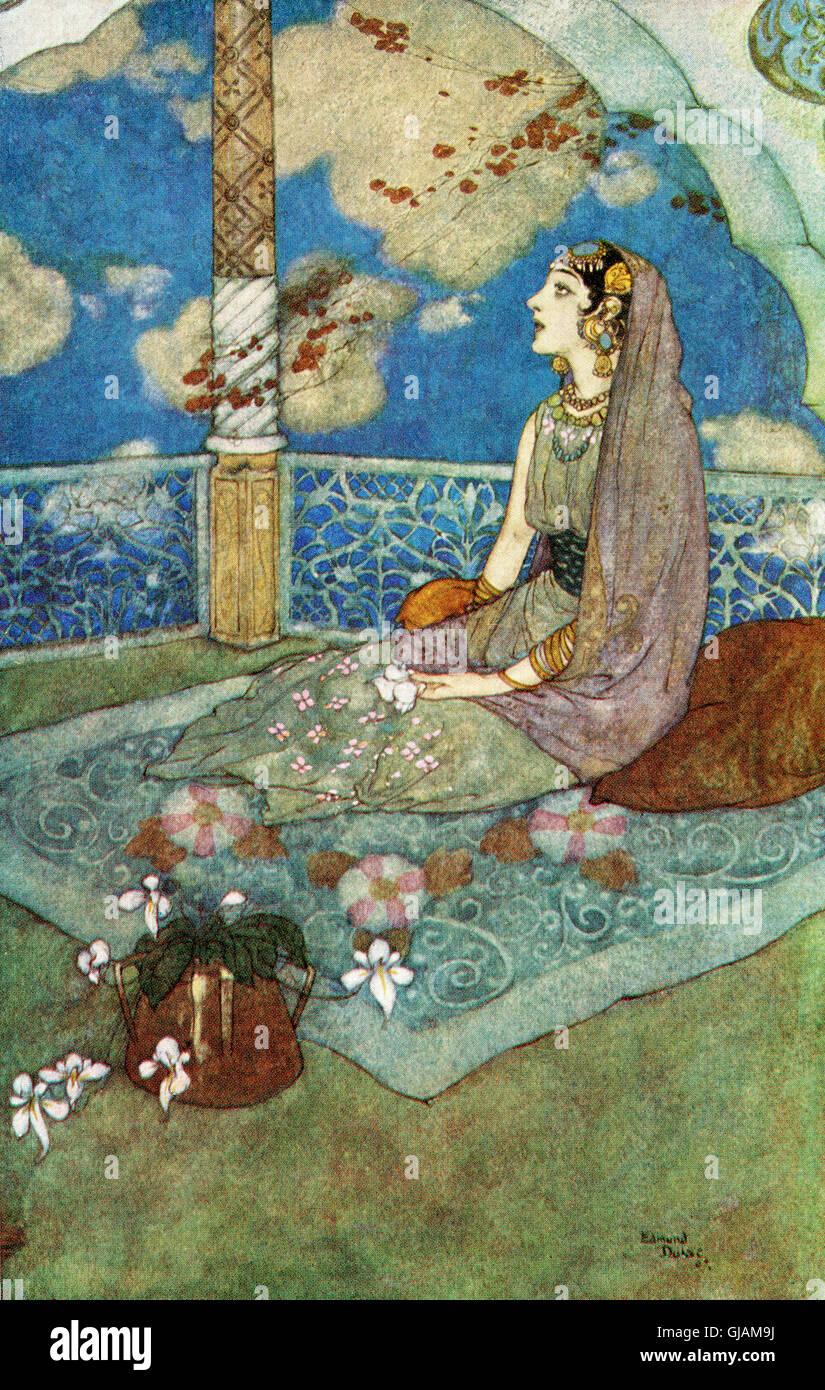 And ever with the tears falling down from her eyes she sighed and sang.  Illustration by Edmund Dulac for The Story of The Magic Horse. Stock Photo