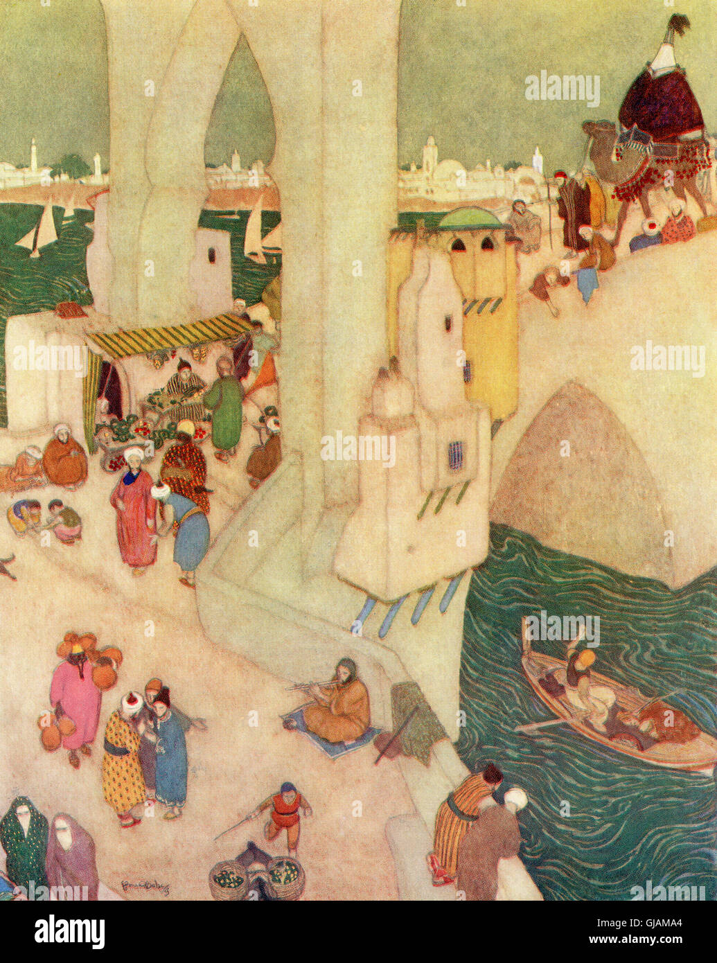In the city of Baghdad.  Illustration by Edmund Dulac for Sindbad The Sailor. Stock Photo