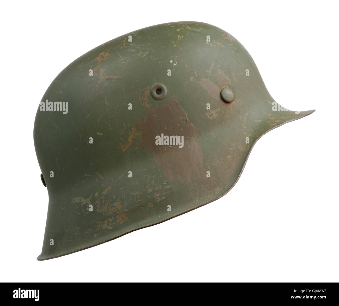 A German World War Two (Stahlhelm M1942) military helmet. The M1942 design was a result of wartime demands. The rolled edge on t Stock Photo