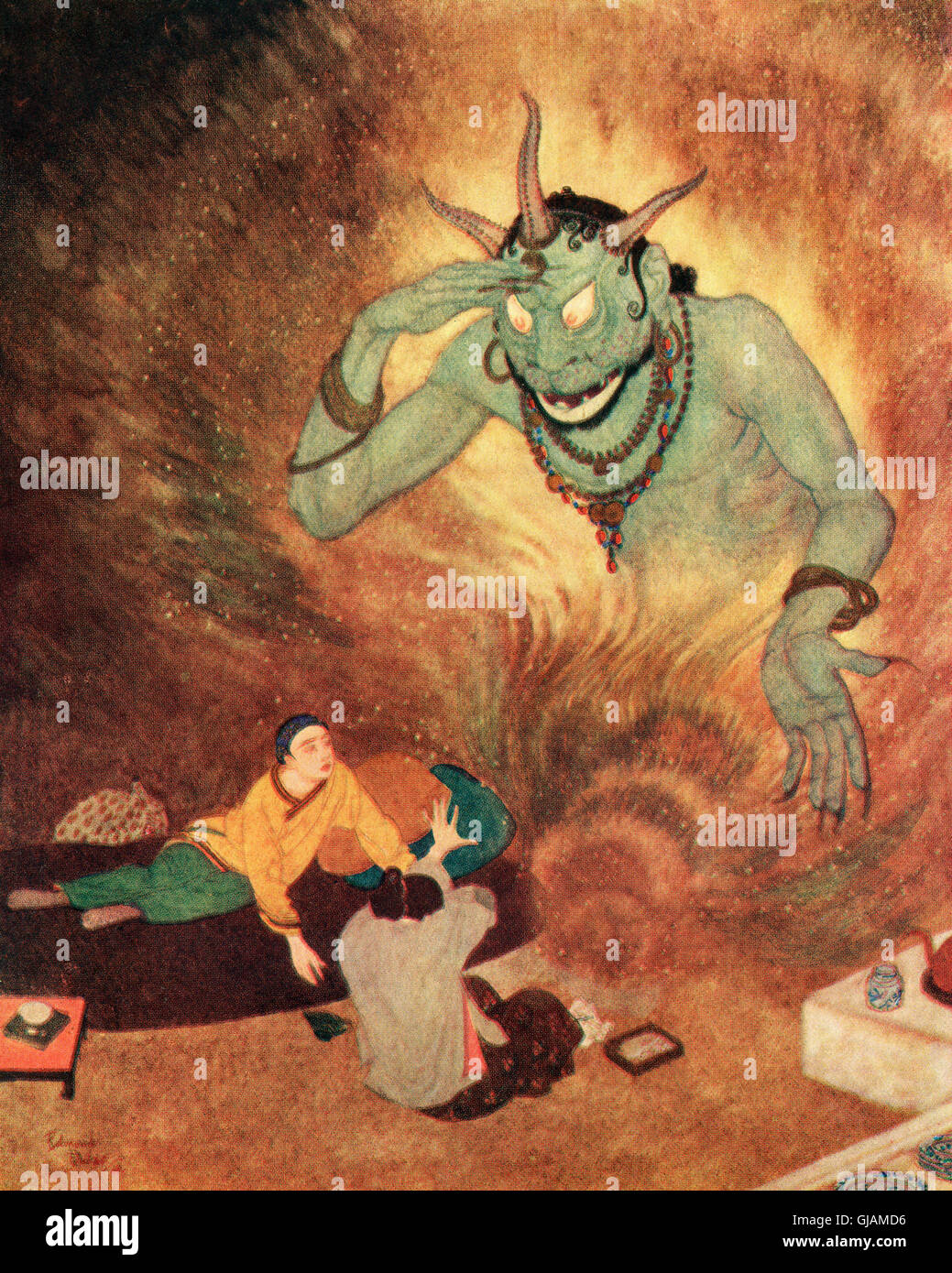 Aladdin and the Efrite.  Illustration by Edmund Dulac for Aladdin and The Wonderful Lamp. Stock Photo