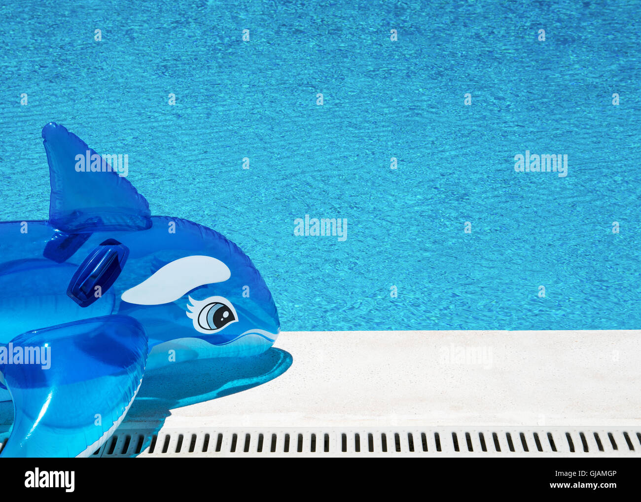 happy summer vacation background selective focus of an inflatable dolphin by a poolside on a bright sunny day with copy space Stock Photo