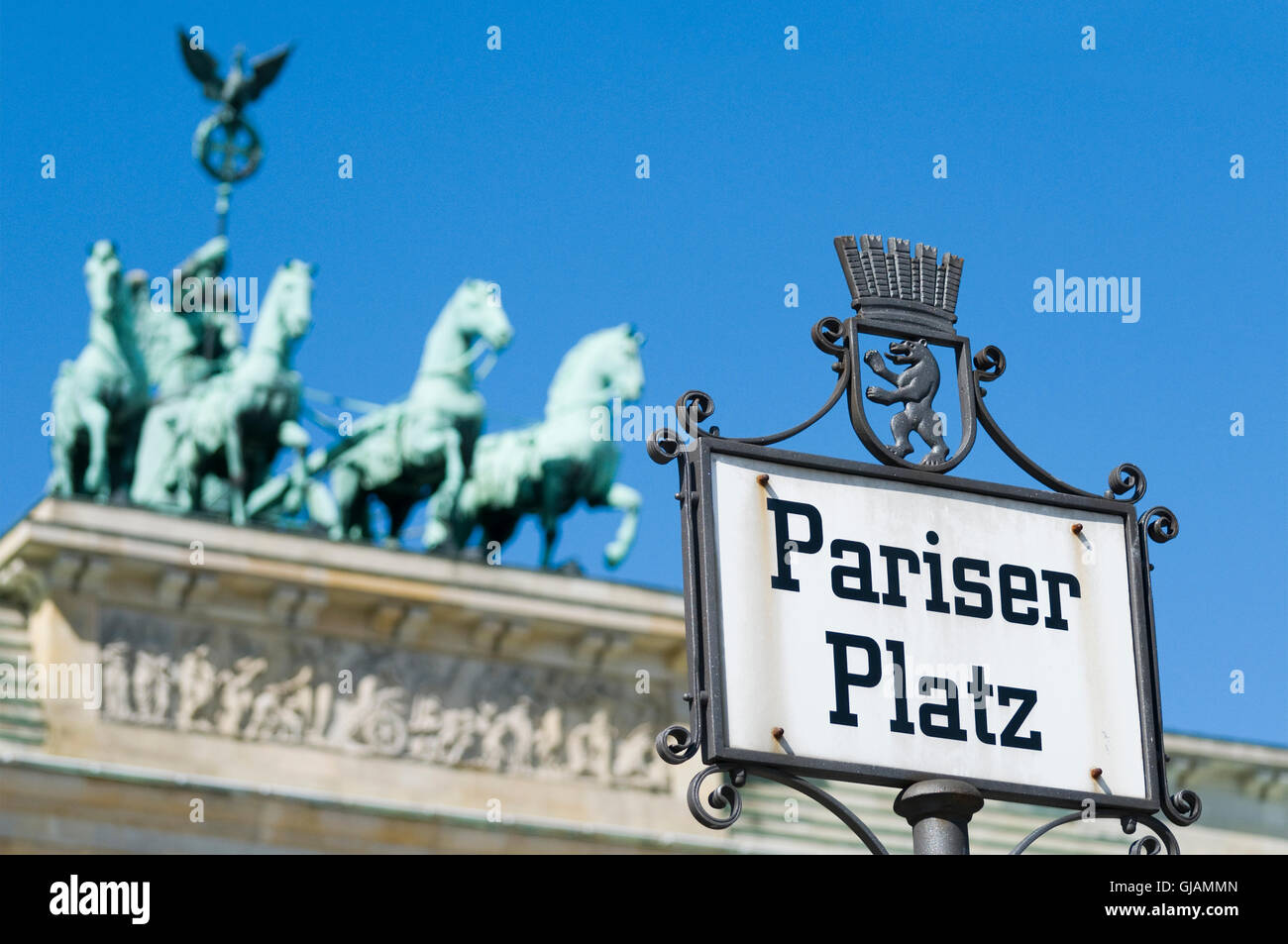 The Brandenburg Gate Quadriga in Berlin, Germany, seen from Pariser Platz. Stock Photo