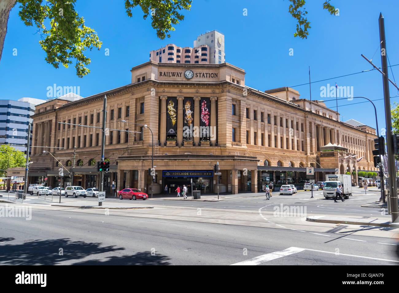 Neo-classical building of the Adelaide railway station and Adelaide Casino seen from North Terrace, Adelaide, South Australia. Stock Photo