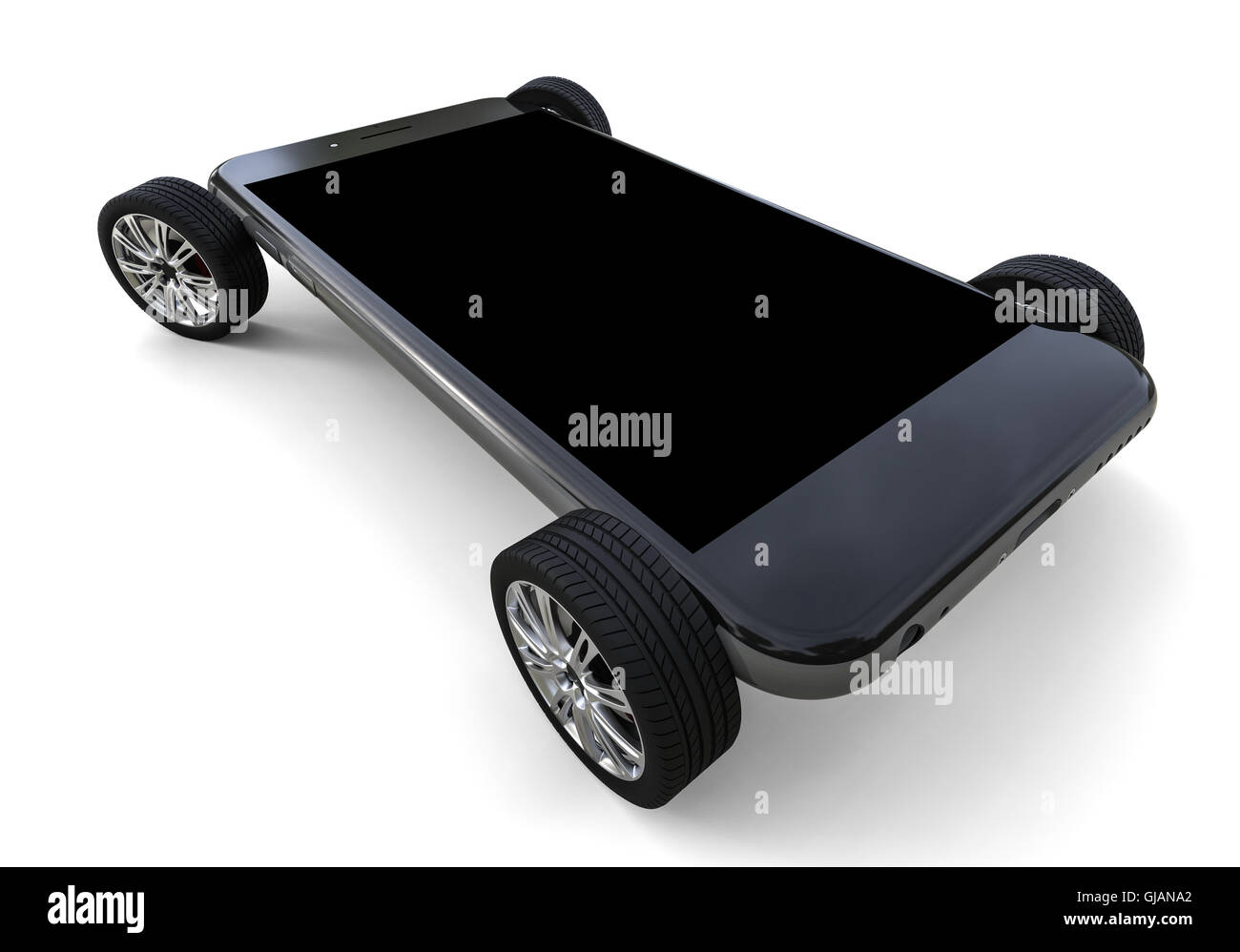 3D render image of a smartphone with wheels Stock Photo