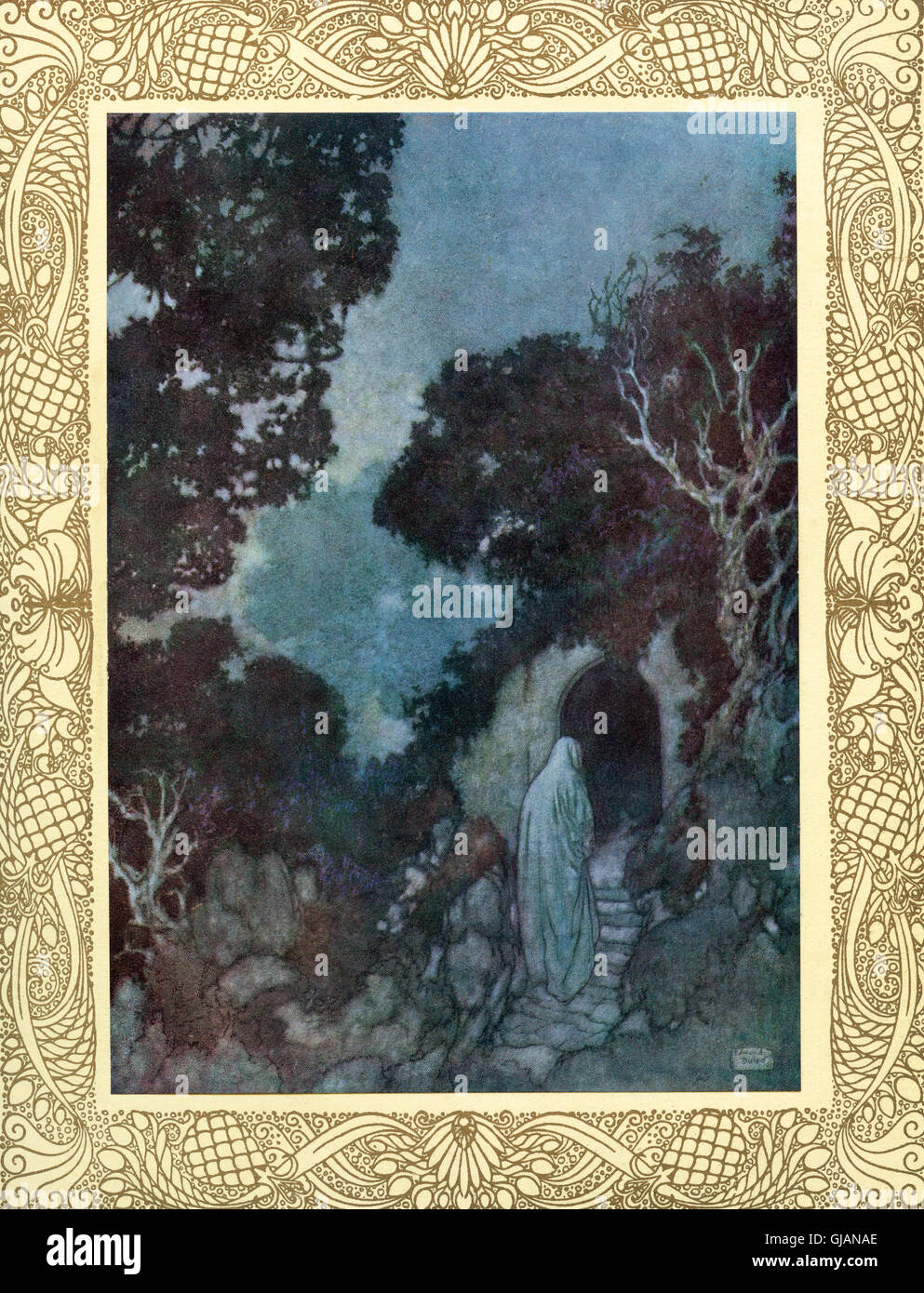 For some we loved, the loveliest and the best That from his Vintage rolling Time has prest, Have drunk their Cup a Round or two before, And one by one crept silently to rest.  Illustration by Edmund Dulac from the Rubaiyat of Omar Khayyam, published 1909. Stock Photo