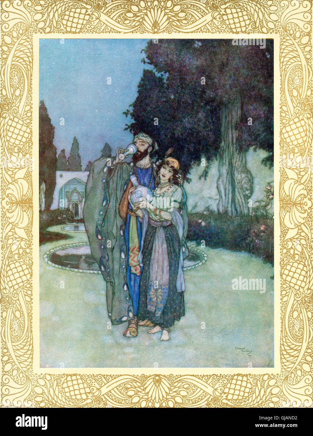 Oh, plagued no more with Human or Divine, To-morrow's tangle to itself resign, And lose your fingers in the tresses of The Cypress-slender Minister of Wine. Illustration by Edmund Dulac from the Rubaiyat of Omar Khayyam, published 1909. Stock Photo