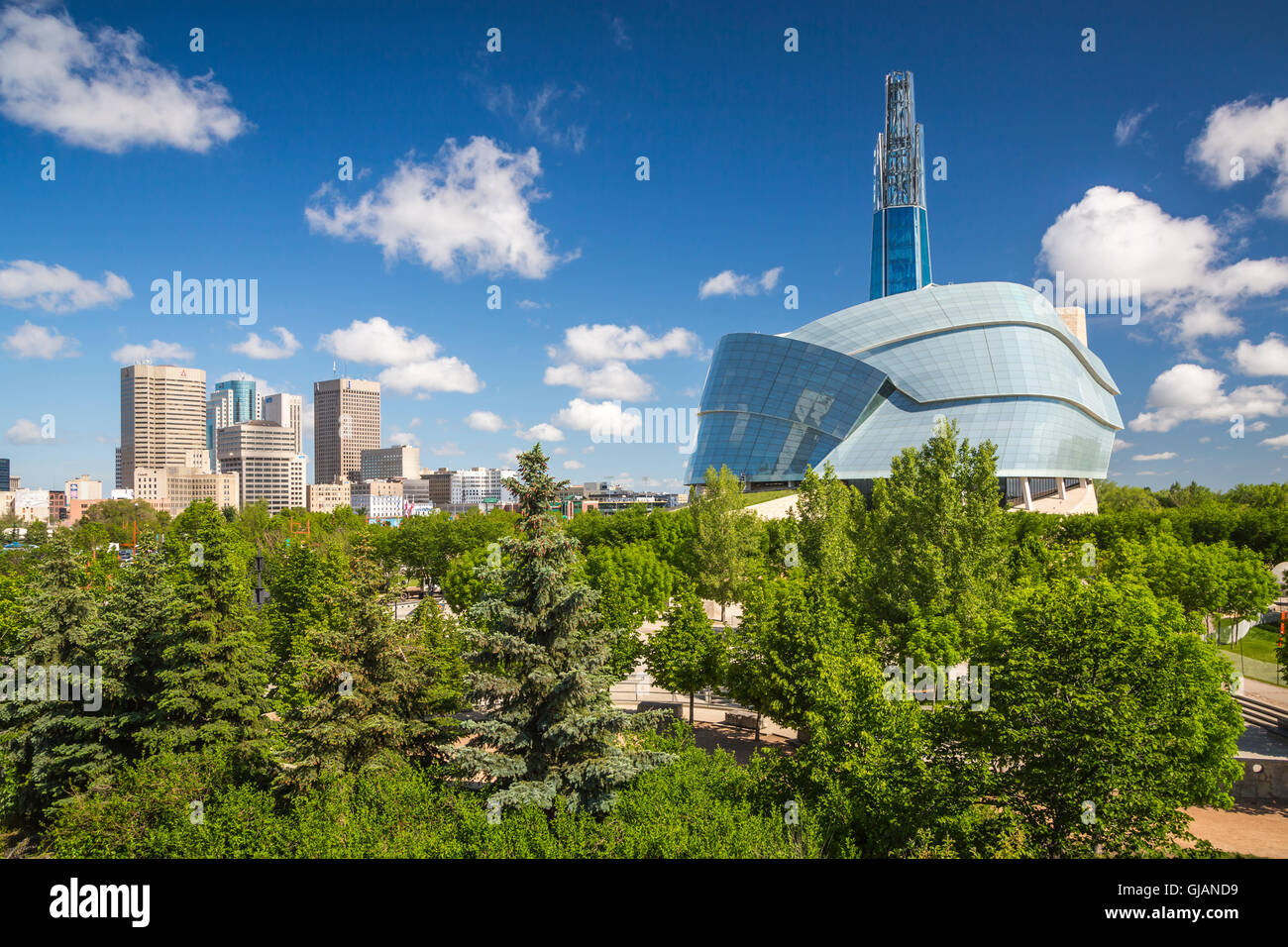 The city skyline from The Forks at Winnipeg, Manitoba, Canada. Stock Photo