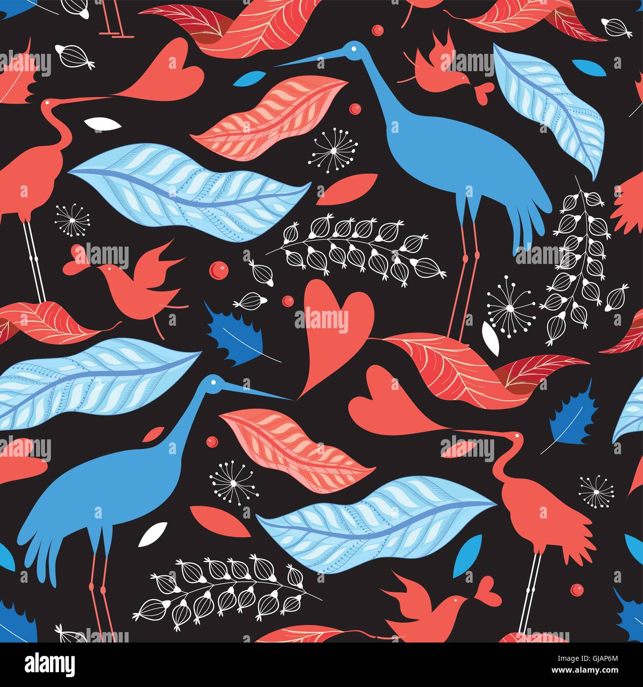 Graphic seamless pattern with birds and autumn leaves on a dark ...