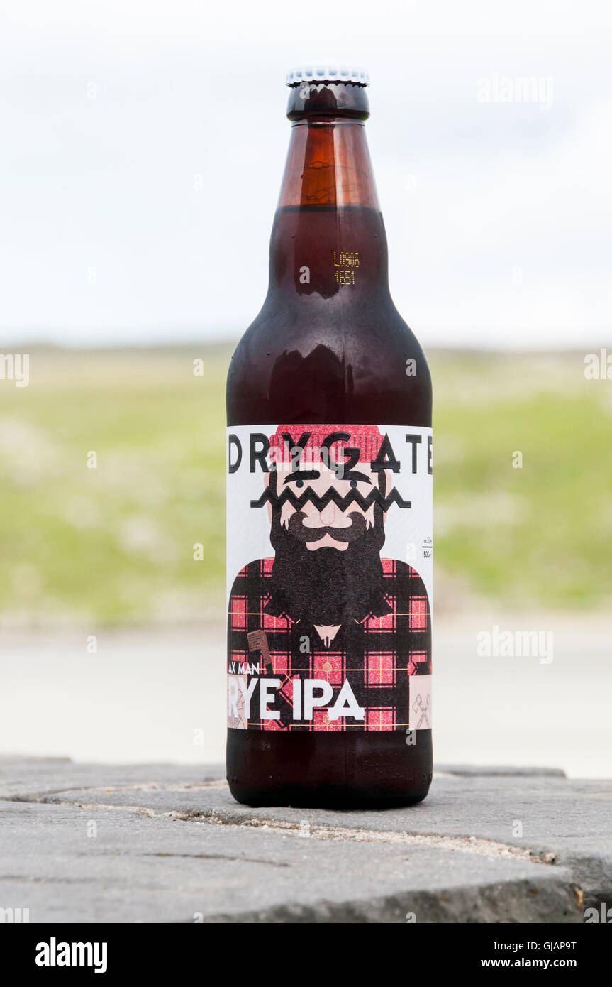 A bottle of Ax Man Rye IPA from the Glasgow Drygate brewery, photographed in Scotland. It has a strength of 5.0% ABV. Stock Photo