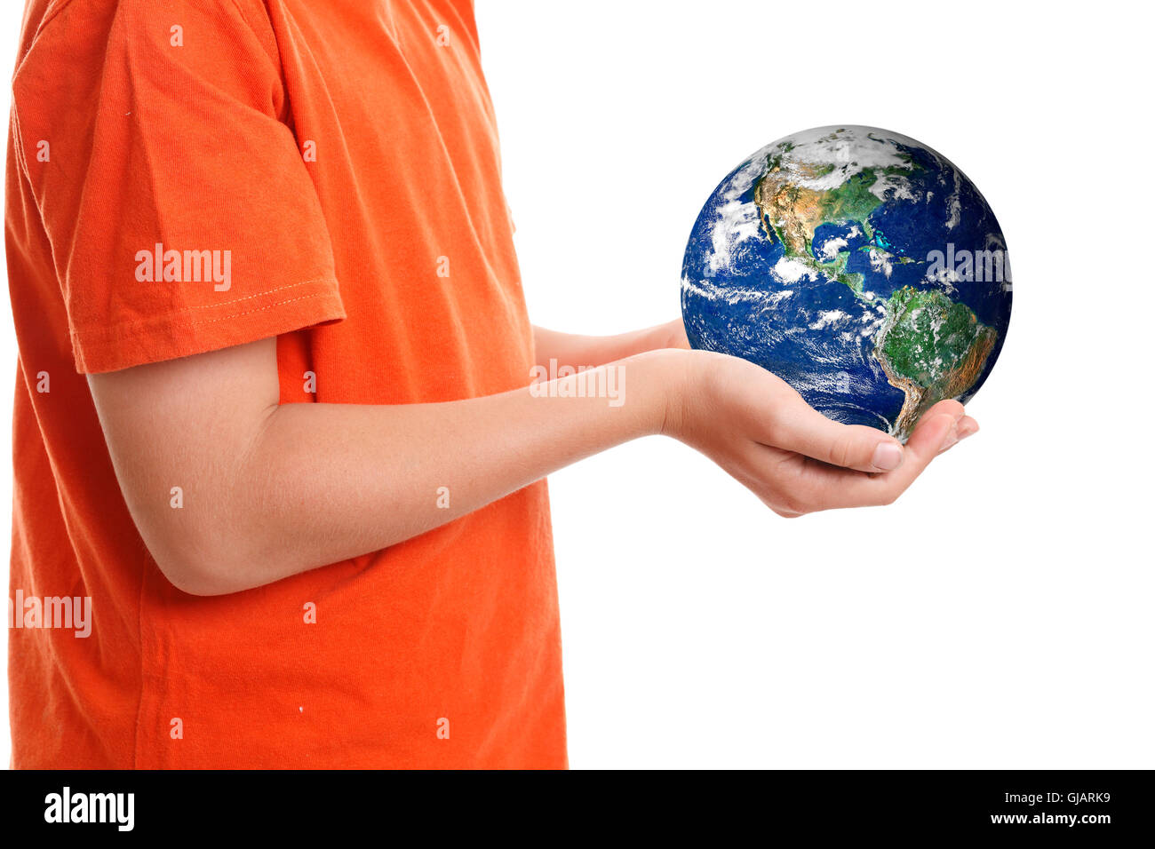 Hands cupping holding our planet Earth Stock Photo