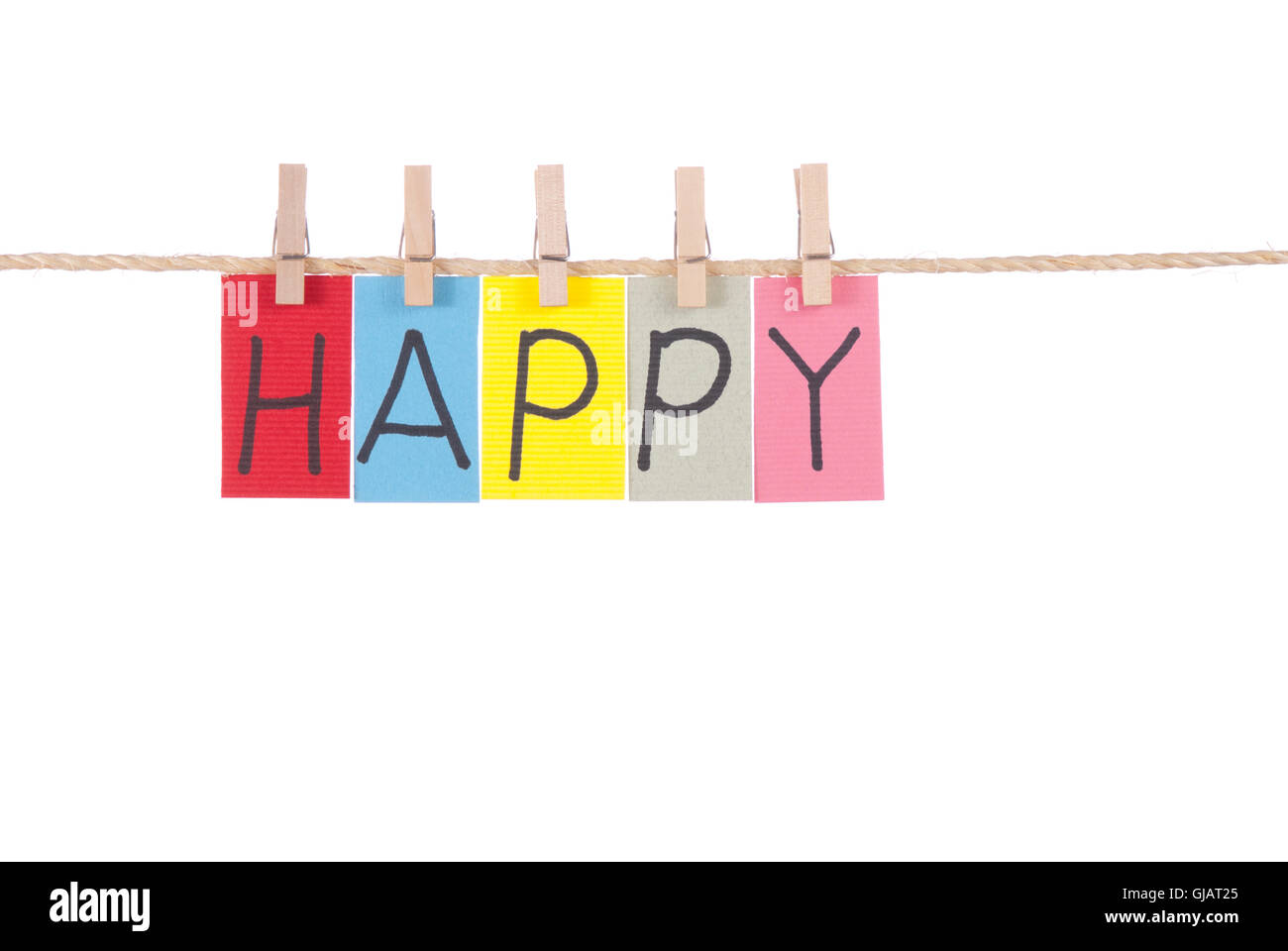 Happy, Wooden peg and colorful words Stock Photo Alamy