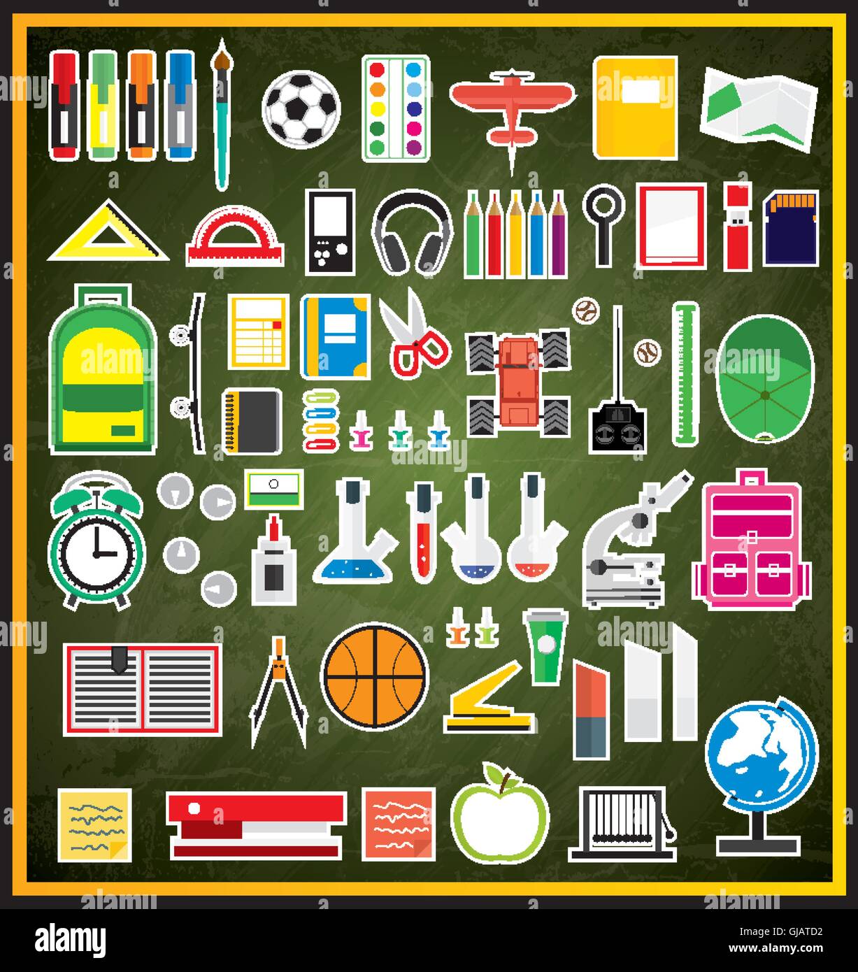 Set of school supplies on green chalk board. Vector illustration. Icons on school theme. Stock Vector