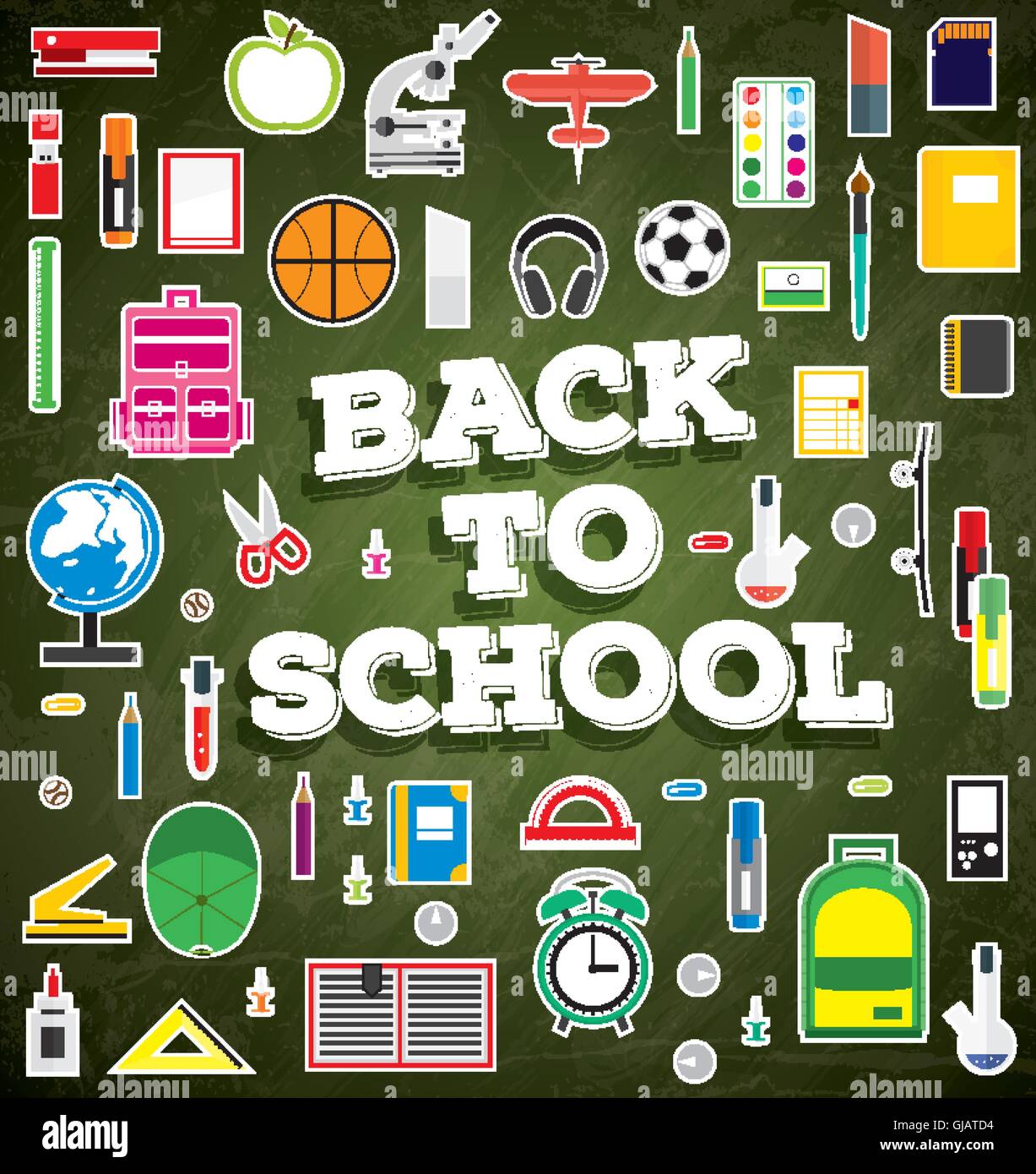 Back to school. School supplies on green chalk board background. Vector illustration. Stock Vector