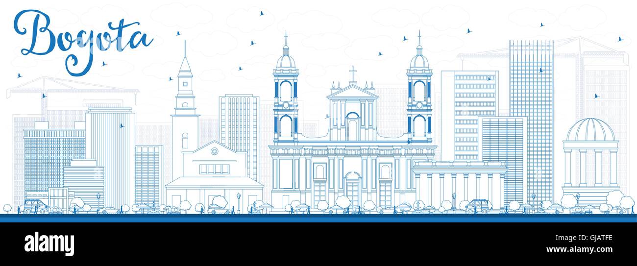 Outline Bogota Skyline with Blue Buildings. Vector Illustration. Business Travel and Tourism Concept with Historic Buildings Stock Vector