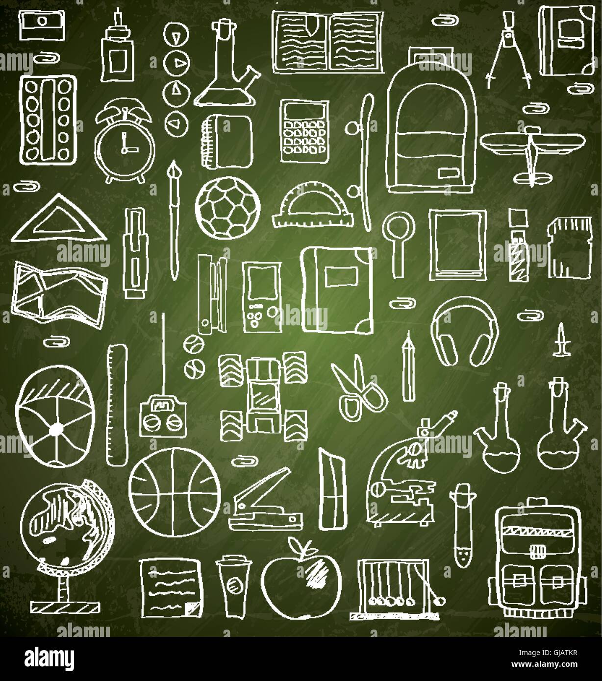 Set of Hand drawn school supplies on green chalk board. Vector illustration. Icons on school theme. Stock Vector