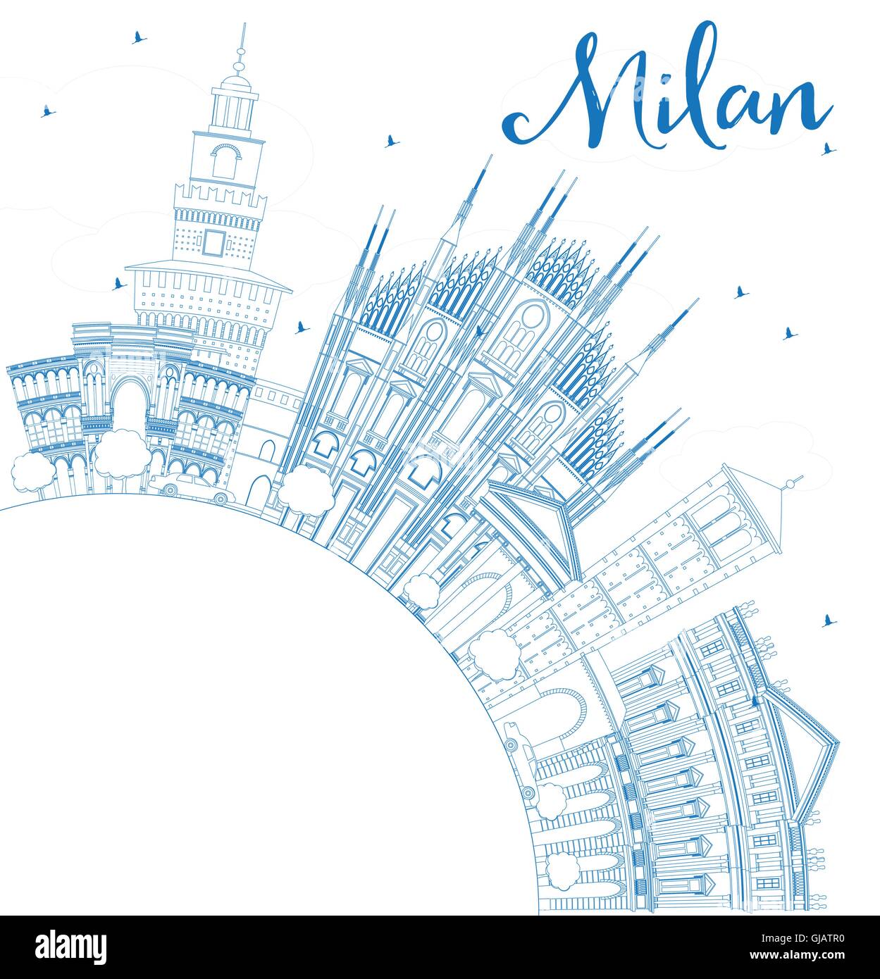 Outline Milan Skyline with Blue Landmarks and Copy Space. Vector Illustration. Business Travel and Tourism Concept Stock Vector