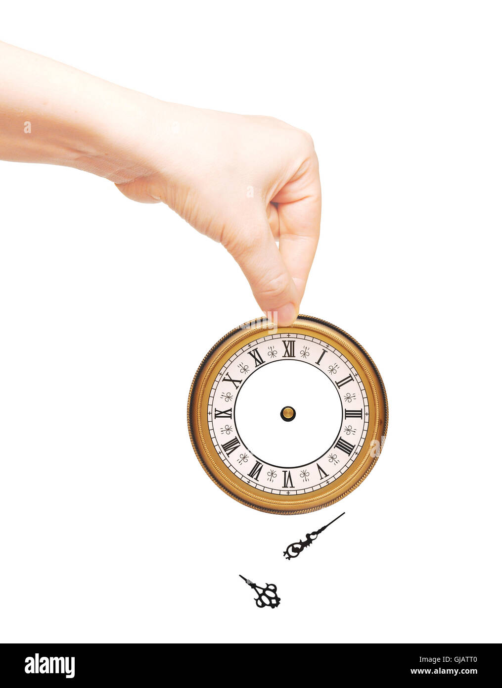Hand with clock isolated on white background Stock Photo - Alamy