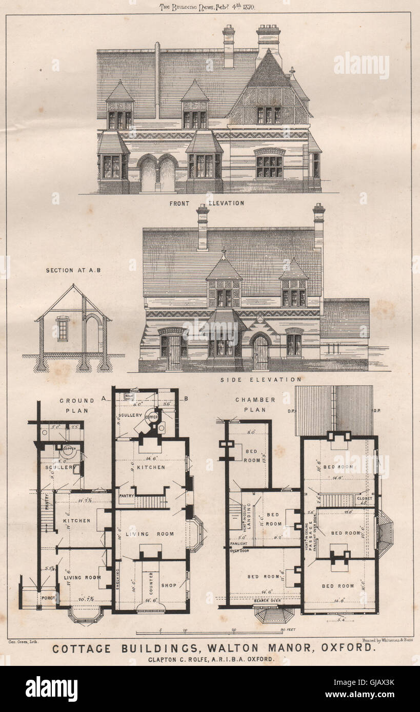 Cottage buildings, Walton Manor, Oxford. Clapton C. Rolfe, antique print 1870 Stock Photo