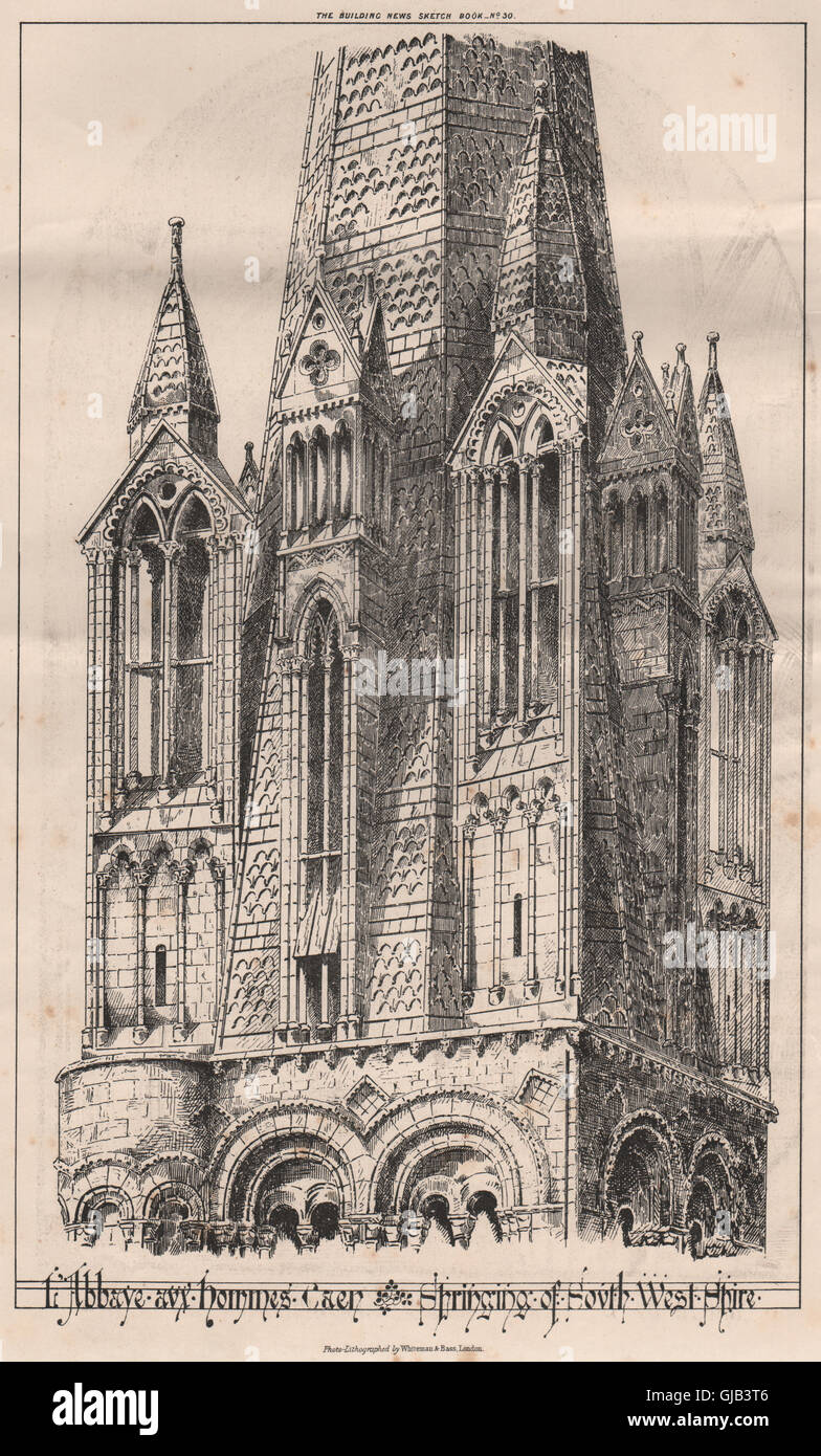L'Abbaye aux hommes, Caen, springing of south west spire. Calvados, print 1870 Stock Photo