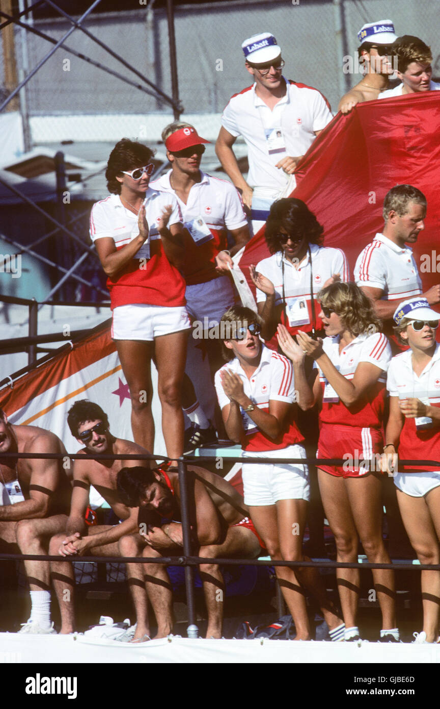 California - Los Angeles - 1984 Summer Olympic Games. Canadian fans supporting their swim team at swimming venue. Stock Photo