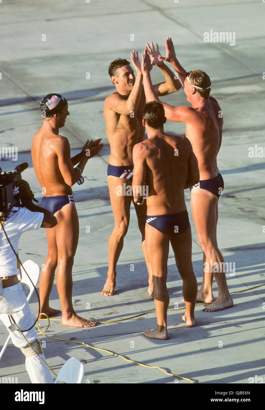 California - Los Angeles - 1984 Summer Olympic Games. Men's swimming. 4x200m freestyle relay, gold medal winners Stock Photo
