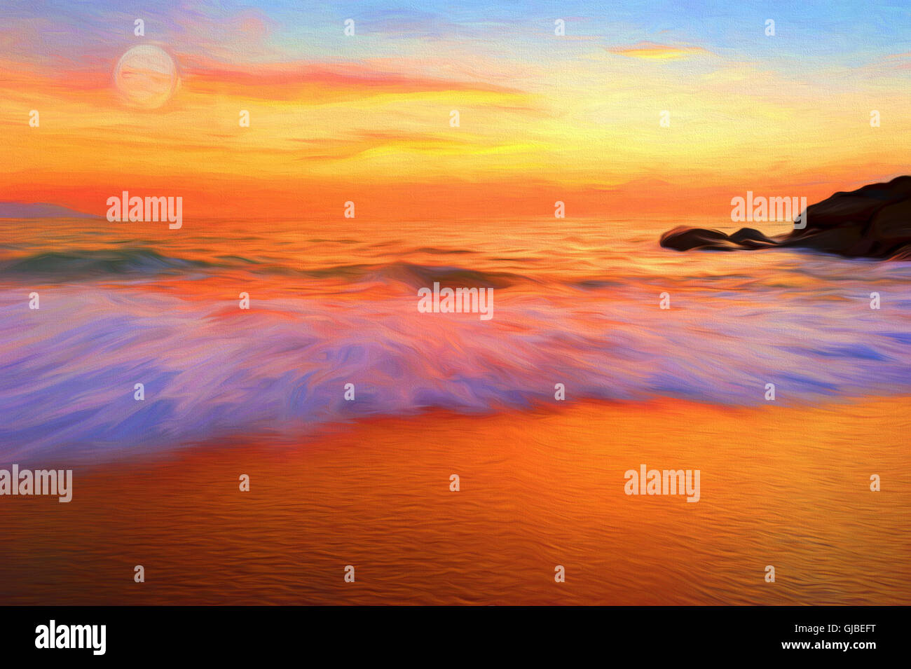 Ocean sunset is a vivid colorful ocean sunset rendered in  beautiful paint  art style. Stock Photo