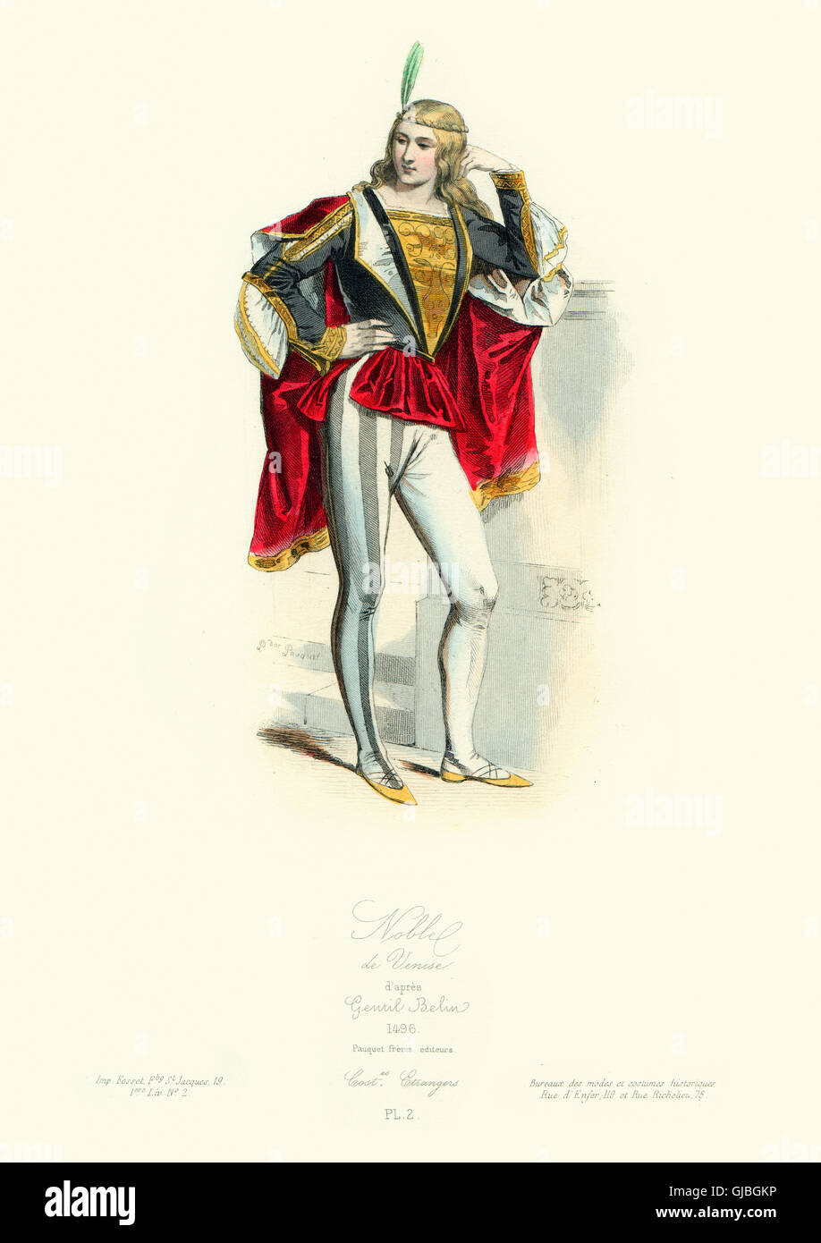 Period costume of a 15th century Venetian Noble. Modes et Costumes Historiques, Pauquet Freres Stock Photo