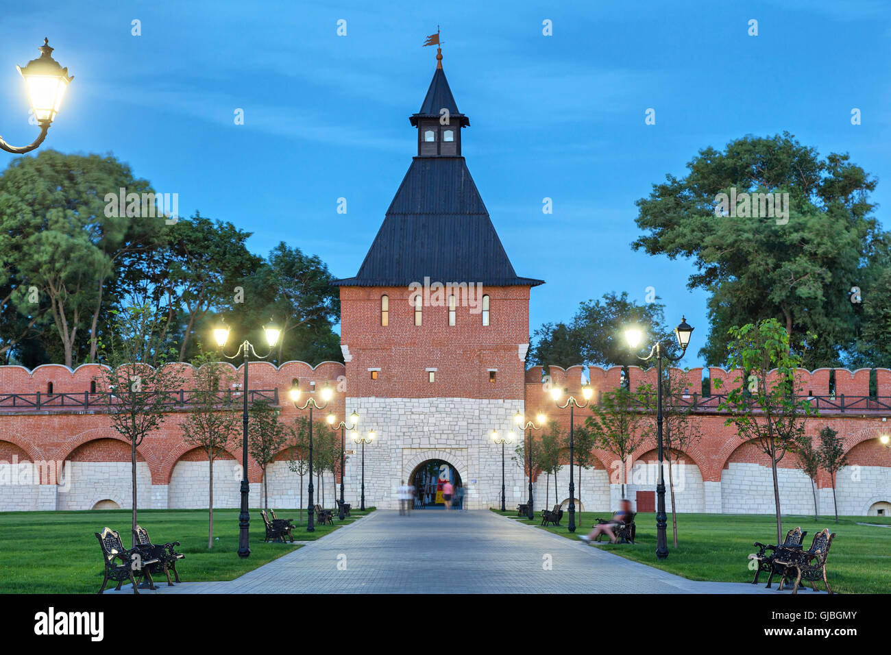 Tower of Ivanov Gate in Tula kremlin in the evening, Russia Stock Photo