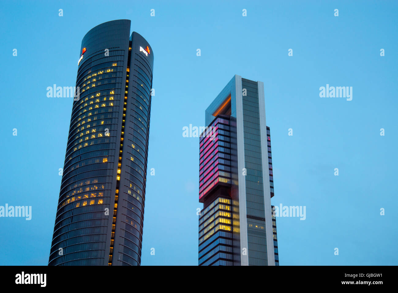 Sacyr Tower and Bankia Tower, night view. CTBA, Madrid, Spain. Stock Photo
