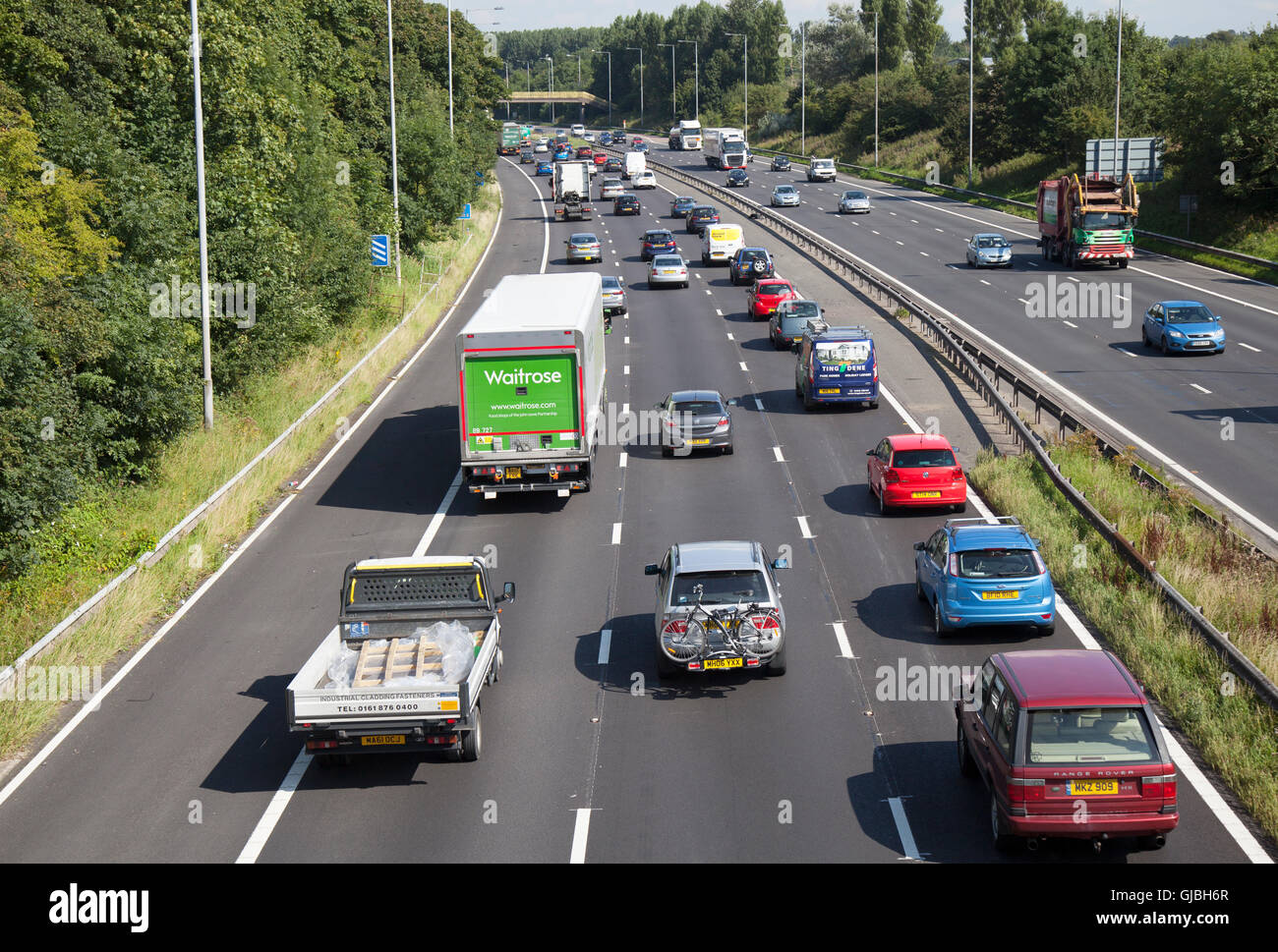 Slow Traffic affected by road works at Junction 8 on the congested  M6 Motorway at Chorley, Lancashire, UK Stock Photo