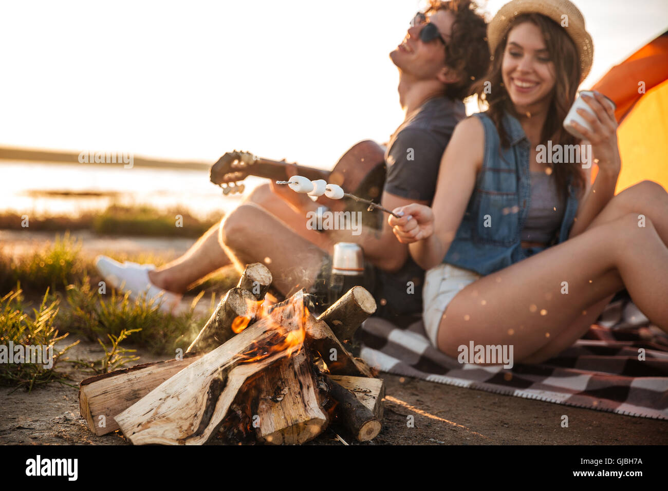 Cheerful beautiful young couple playing guitar and frying marshmallows on bonfire Stock Photo