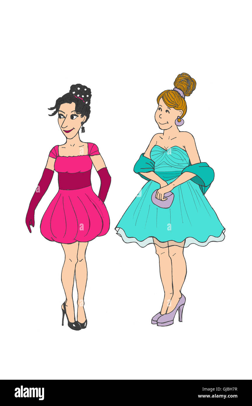Two women wearing cocktail dresses. Illustration. Stock Photo