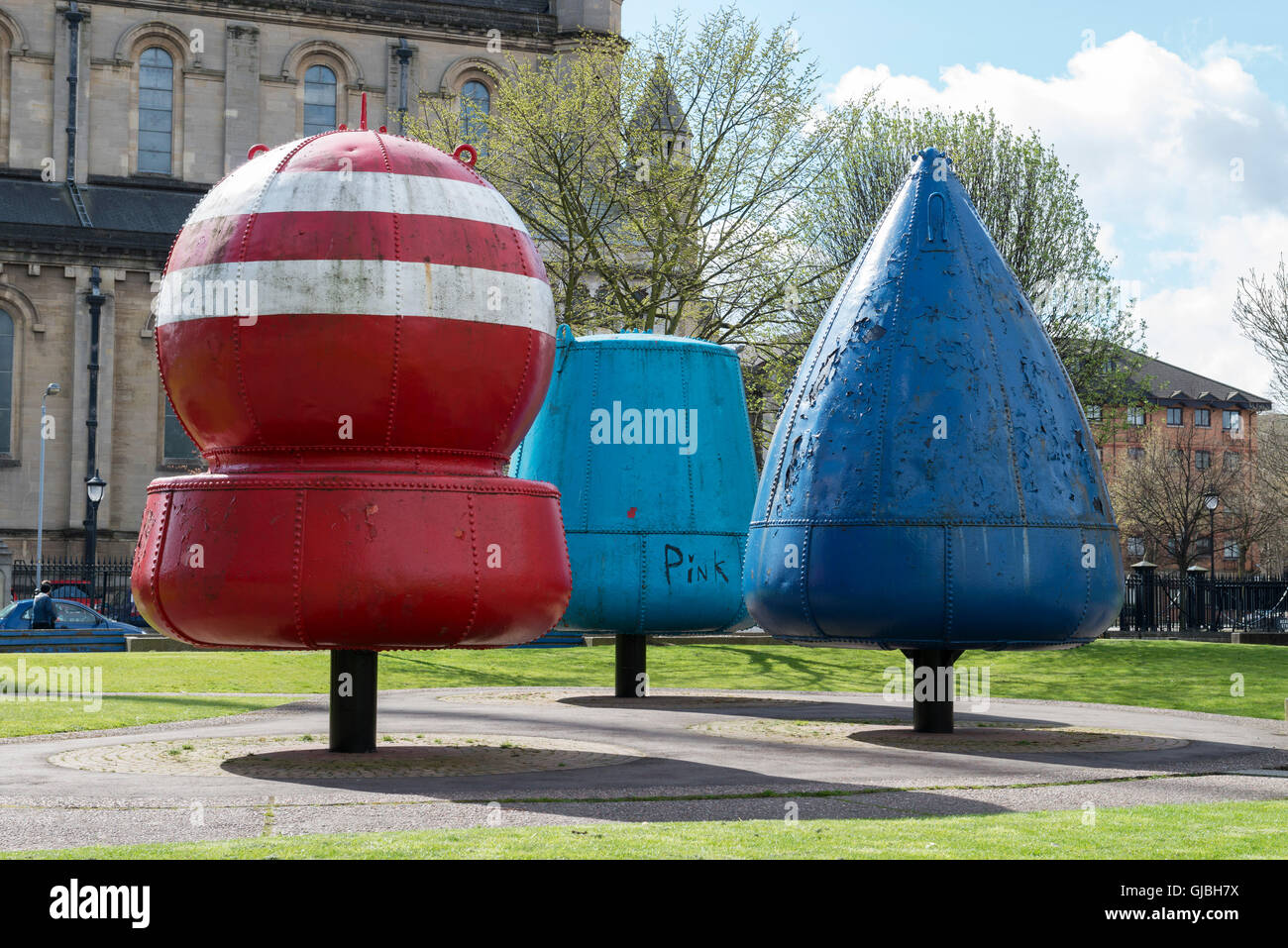 Brightly coloured displays in front of the cathedral church of St Anne ...