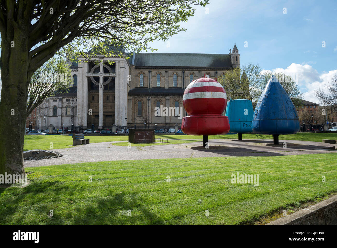 Brightly coloured displays in front of the cathedral church of St Anne ...