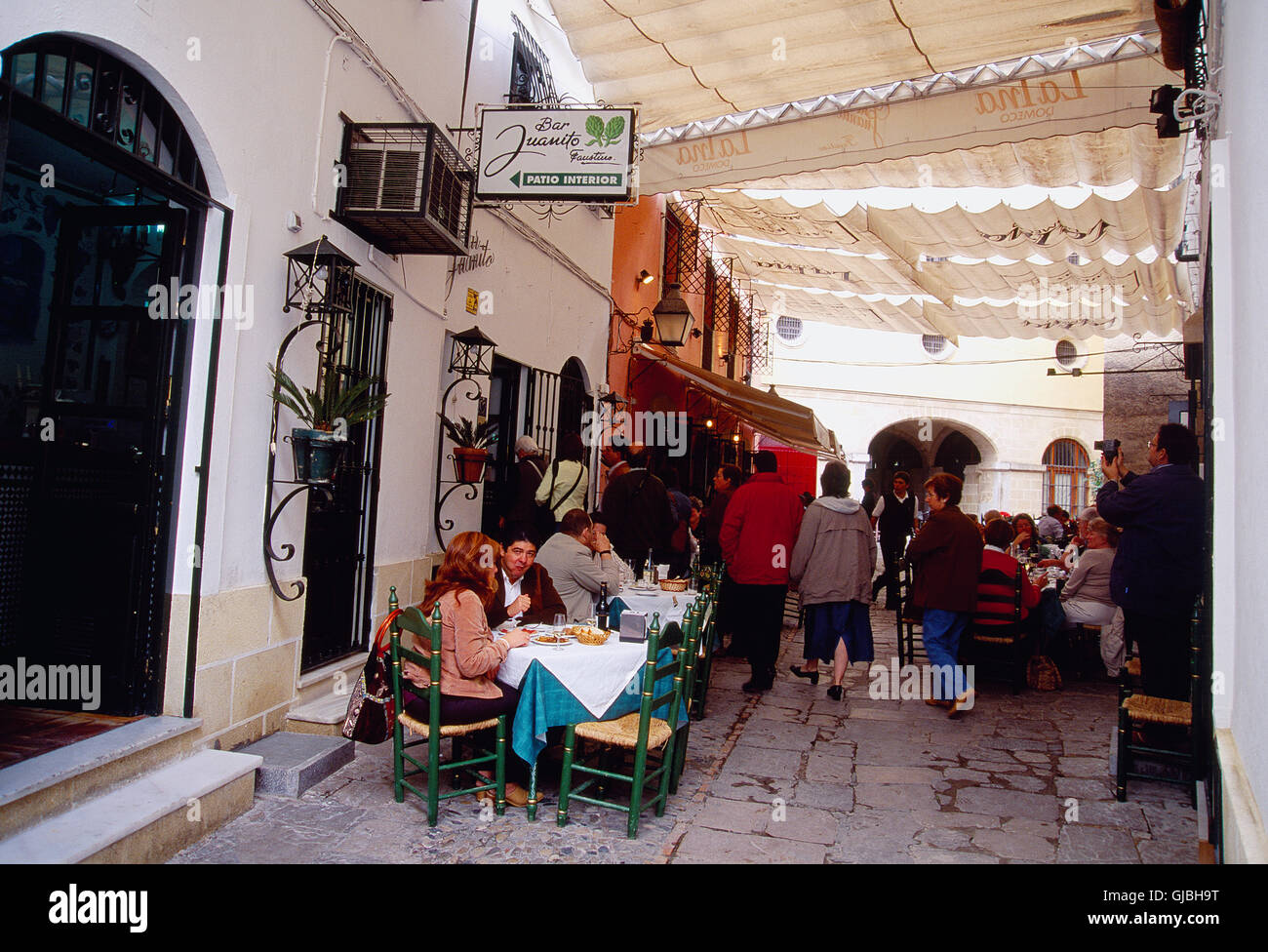 People at Bar Juanito terrace. Jerez de la Frontera, Cadiz province, Andalucia, Spain. Stock Photo
