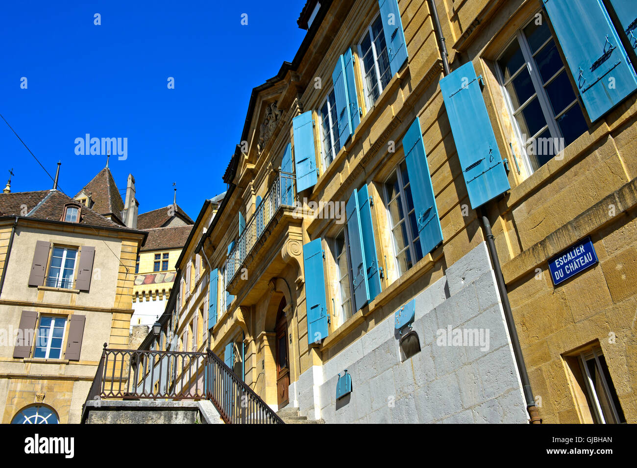 Way up to the Neuchatel castle in the picturesque old town of Neuchatel, Switzerland Stock Photo