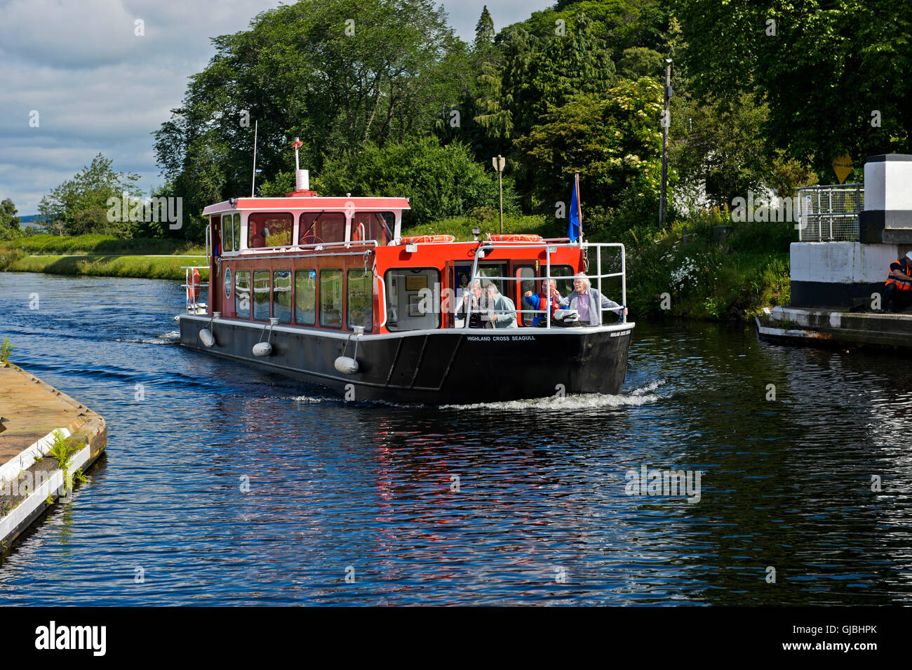 Excursion boat on the Caledonian Canal near Inverness, Scotland, Great Britain Stock Photo