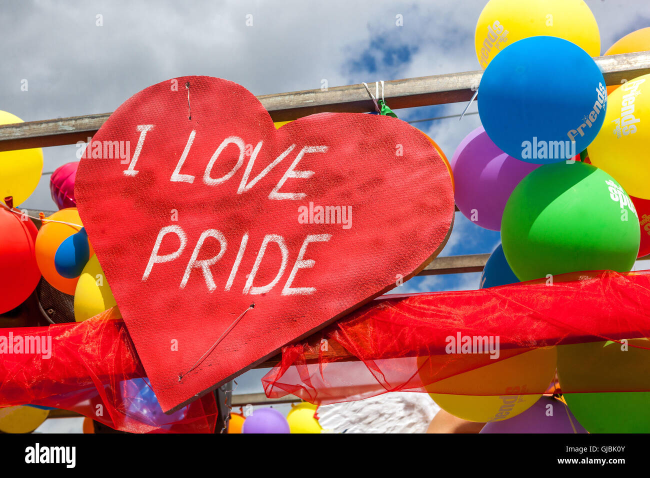 I Love Pride red heart, colorful balloons, Prague Pride LGBT community festival, Czech Republic Stock Photo