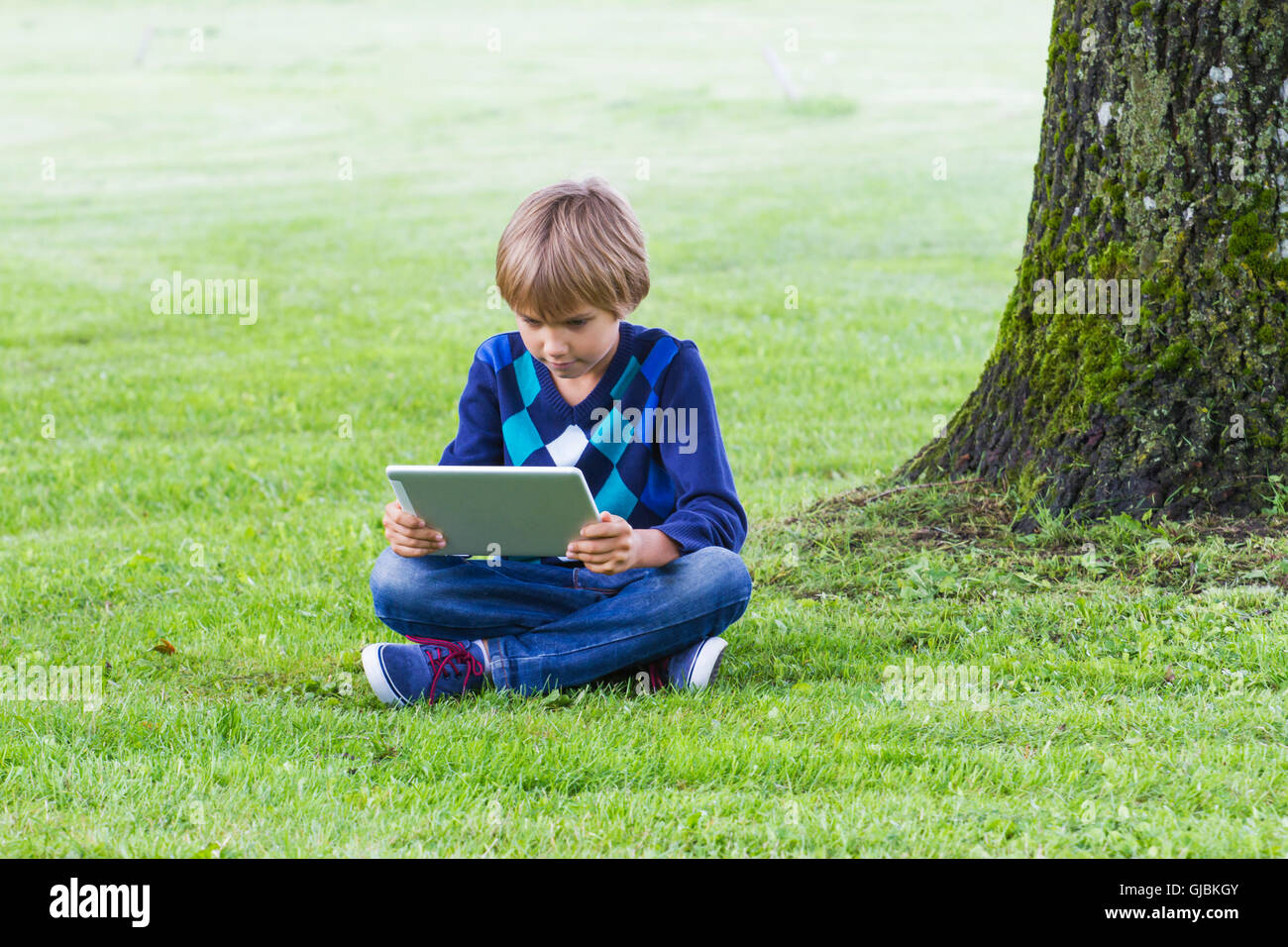 Smart boy using a tablet outdoors. Technology, lifestyle, education ...