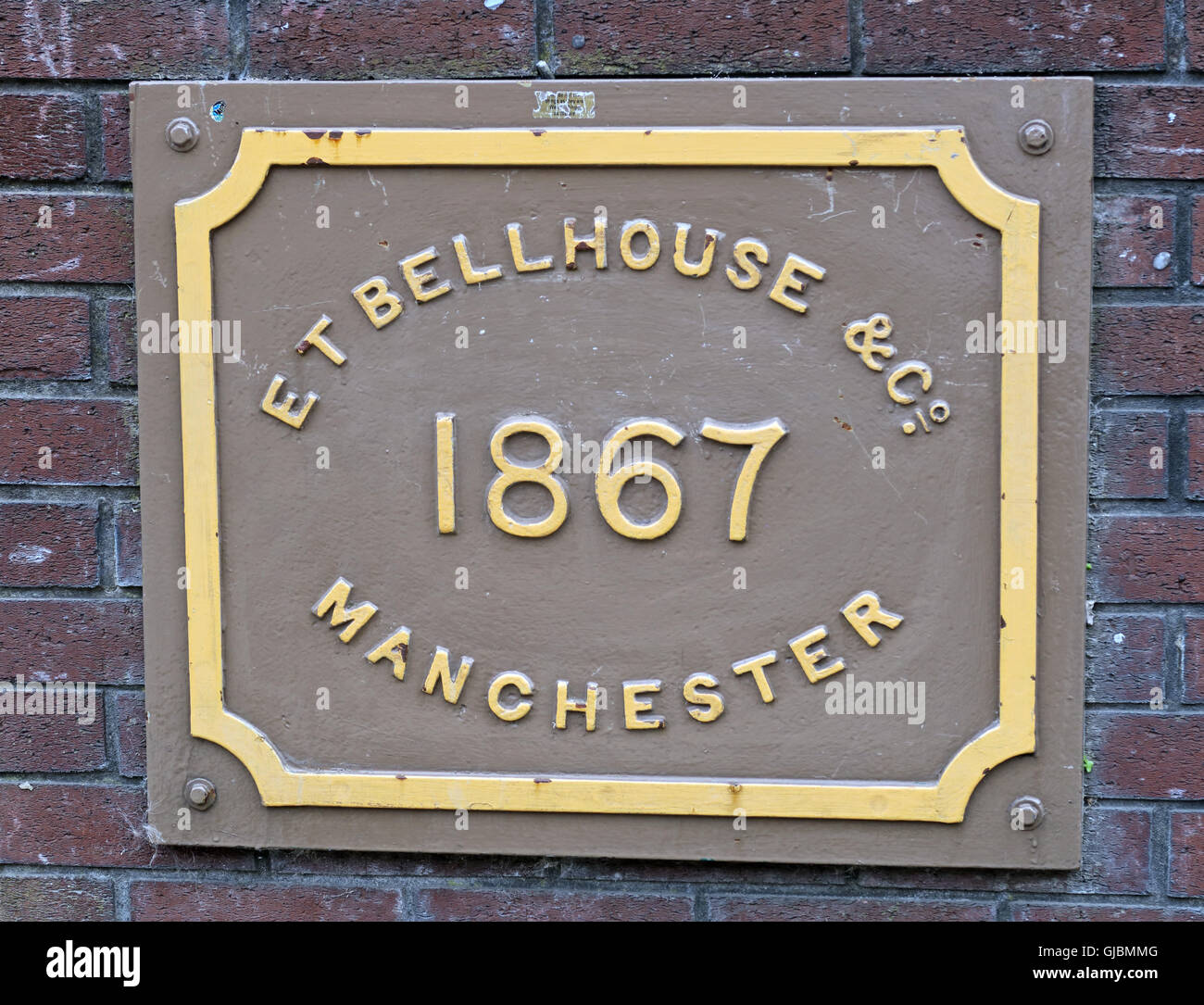 ET Bellhouse & Co 1867 Manchester plate on a bridge, Princess St, UK Stock Photo